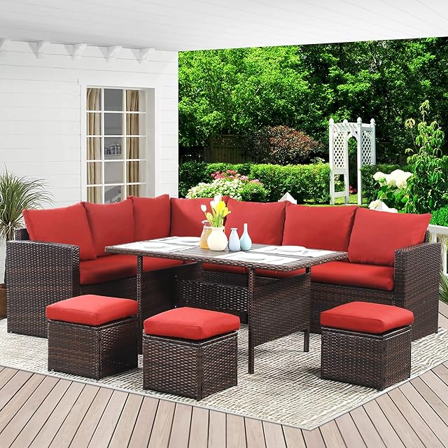 Wisteria Lane 9 Seater Rattan Garden Furniture Set, Outdoor Dinning Set, All-Weather Patio Conservatory Sets, Weaving Wicker Corner Sofa Couch Lounger with Table, Backyard, Deck, Porch, Balcony, Red
