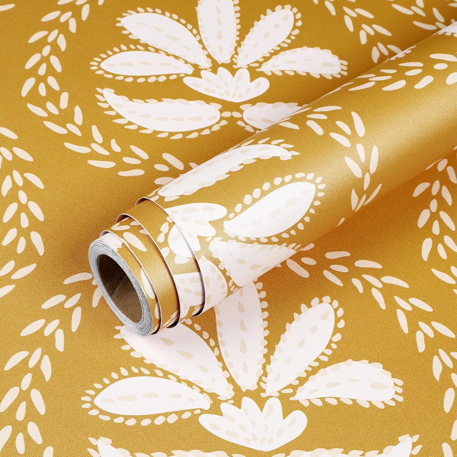 Livelynine 17.5x276" Yellow Peel and Stick Wallpaper Boho Contact Paper for Kitchen Vintage Mustard Yellow Wallpaper for Bathroom Waterproof Geometric Yellow and White Wallpaper Renter Friendly Vinyl