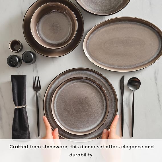 Karaca Mercure 59-Piece Stoneware Dinner Set for 12 People, Reactive Glaze Finish Plates and Bowls Set, Microwave & Dishwasher Safe, Ideal Dinnerware for Everyday & Special Occasion