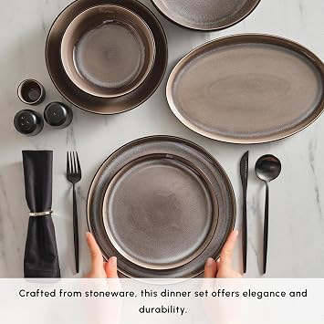 Karaca Mercure 59-Piece Stoneware Dinner Set for 12 People, Reactive Glaze Finish Plates and Bowls Set, Microwave & Dishwasher Safe, Ideal Dinnerware for Everyday & Special Occasion