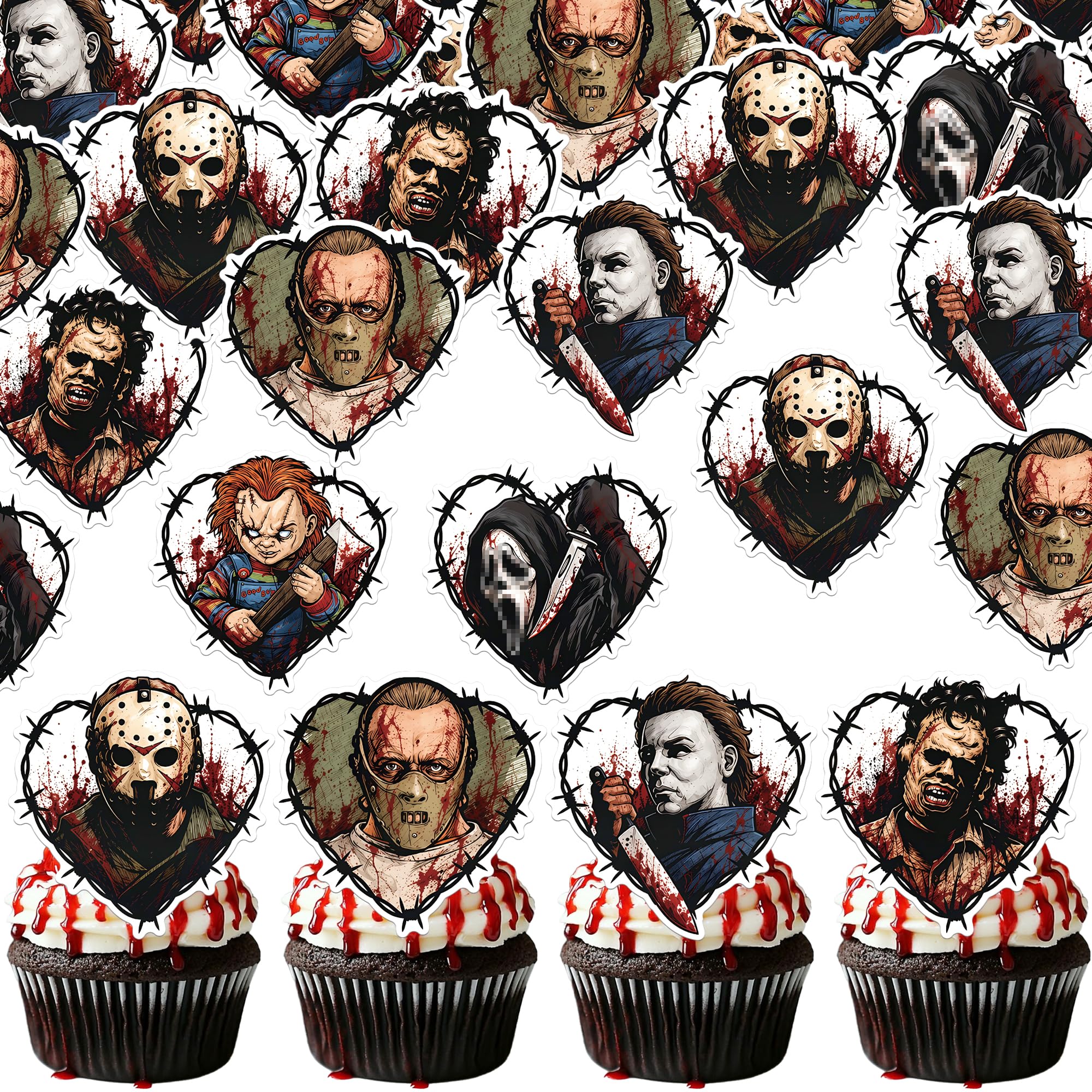 Xsstarmi 60 Pack Edible Have a Killer Birthday Cupcake Toppers Horror Classic Movie Cupcake Toppers Halloween Cake Decorations for Halloween Theme Baby Shower Killer Birthday Party Supplies — image 1