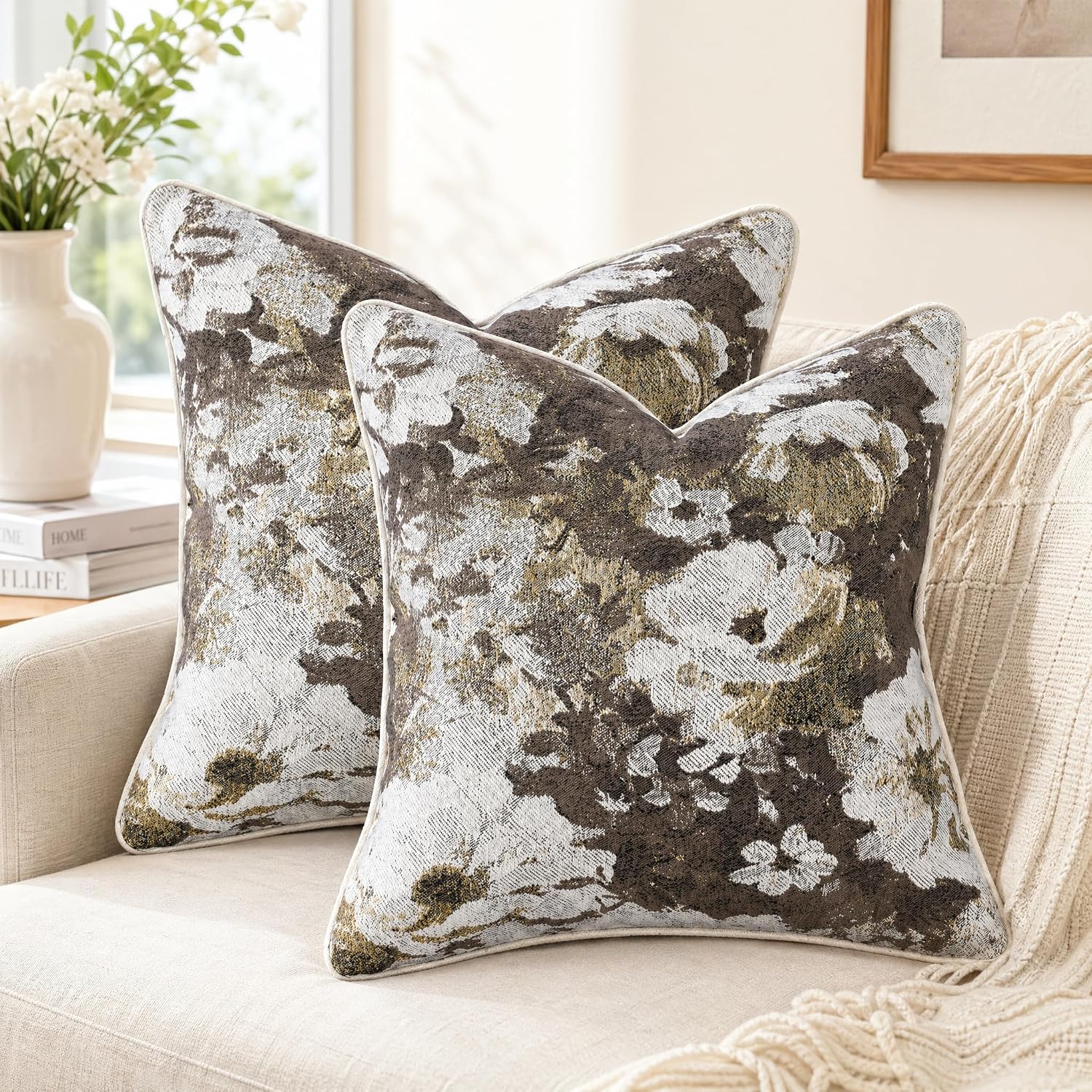 Pack of 2 Neutral Floral Pillow Covers 20x20 Inches, Vintage Woven Rose Pattern Accent Couch Pillow Cover Plush Textured Hidden Zipper Decor Throw Pillow Covers for Sofa Living Room Bedroom, Taupe