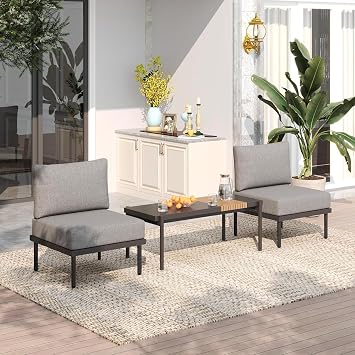 Sundale Outdoor 3 Pieces Patio Furniture Set, Metal Outdoor Sectional Sofa with Coffee Table, All-Weather Modern Outdoor Conversation Sets for Balcony, Porch, Poolside, Sunroom