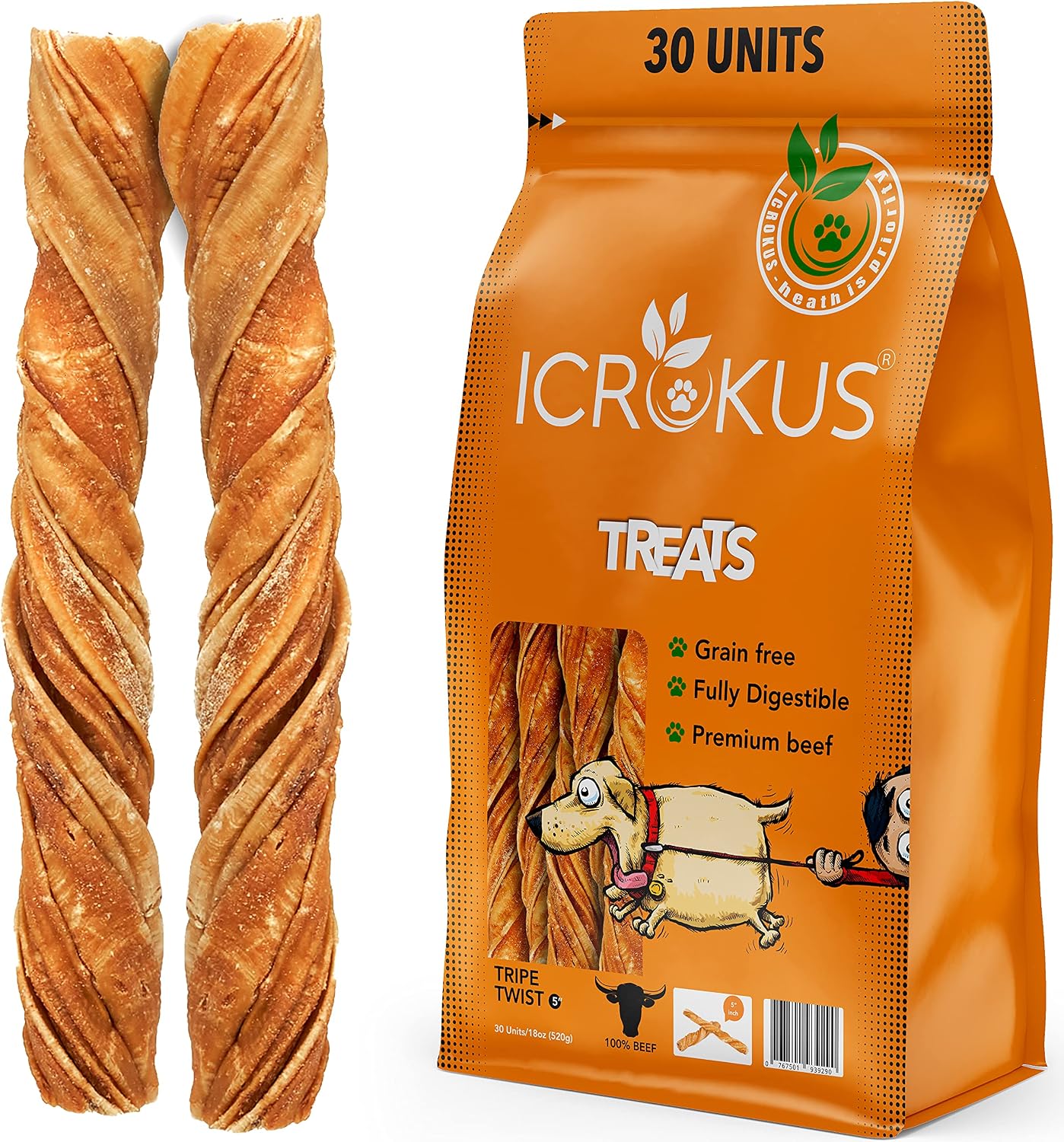 ICROKUS Beef Tripe Twists for Dogs - 5" Premium 100% Beef Tripe Treats with Probiotics and Fatty Acids Including Omega 3-6 - Promotes…