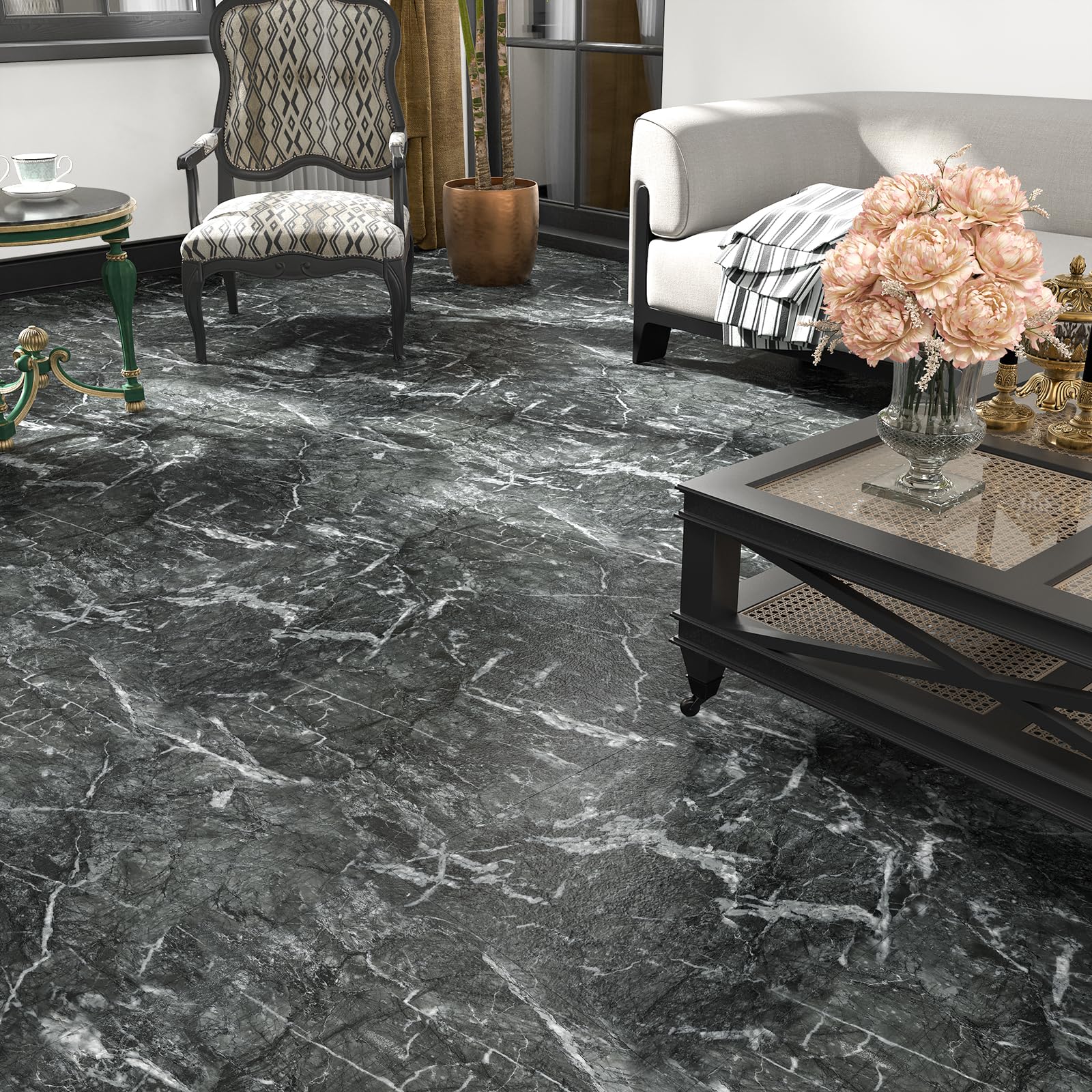 VaryStyle Azulejos de 18 hojas de mármol de pizarra gris oscuro para baño, dormitorio, sótano, impermeable, grueso, extraíble, suelo temporal de 12 x 12 pulgadas