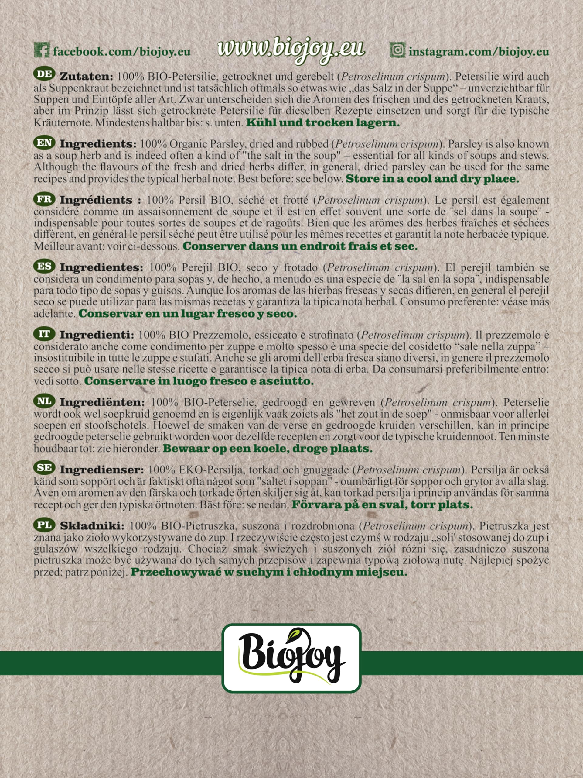 Biojoy Persil BIO (500 g), séché et frotté, sans additifs (Petroselinum crispum)