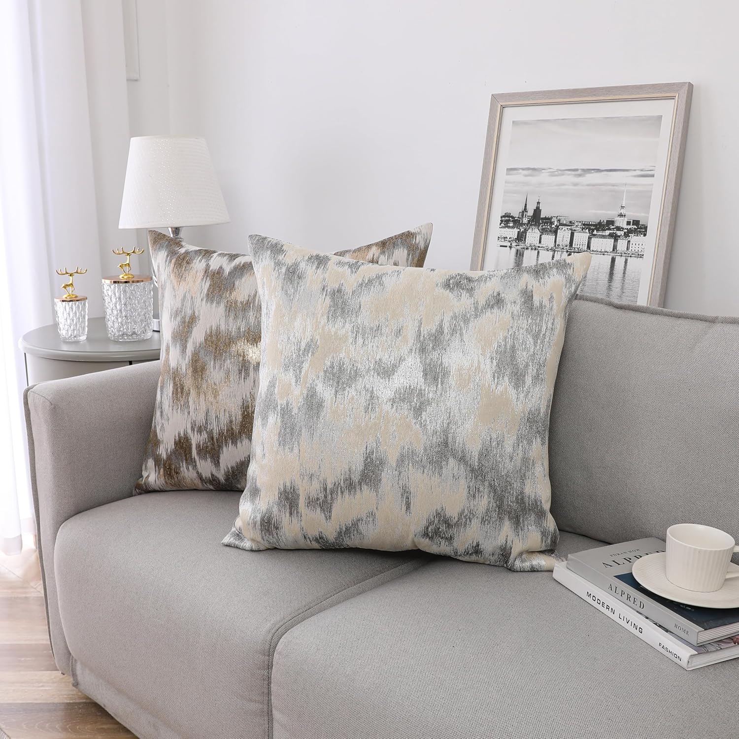 Majestic Giftware 4 Pack Jacquard Decorative Throw Pillow Cover (PC1216L-4PK) | Gold/White Soft & Washable Cushion Covers with Zipper for Sofa, Bedroom (22"x22") Inserts Not Included