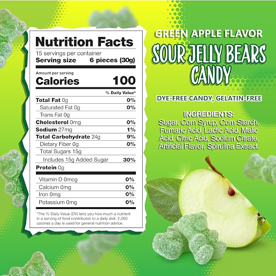 Sour Bears Gummy Candy, Green Apple Gummi Bears, Dye Free Candy, 1 Lb Bag | Soft Jelly-Like Texture, Vegan Candy, Jelly Bears