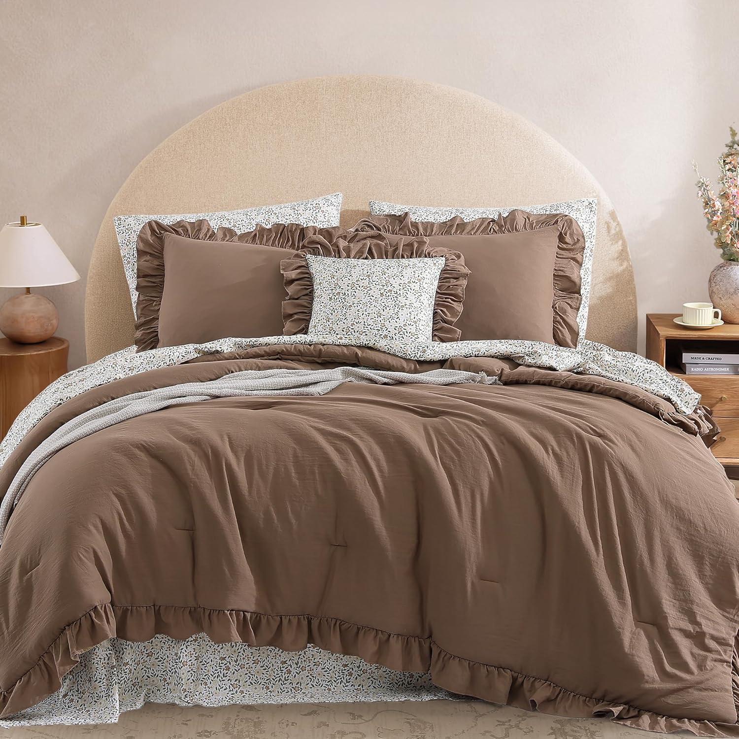 BLOOMHAVEN Queen Comforter Set - 7 Pieces Ruffle Amber Brown Bedding Sets, Shabby Chic Farmhouse Bed in a Bag with Ruffle Comforter, Floral Sheets, Pillowcases & Shams
