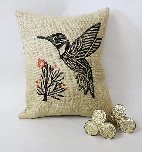 Hand Block Print Burlap Hummingbird Pillow Cover
