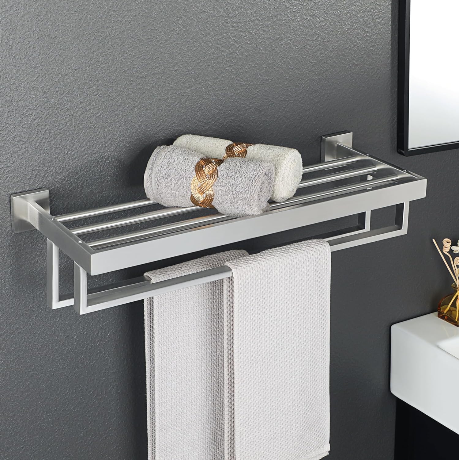 Alise Towel Rack with Double Towel Bars 24 Inch Towel Racks for Bathroom Wall Mounted,Bathroom Towel Holder Square Towel Hanger,SUS304 Stainless Steel Towel Shelf with Towel Bar,Brushed Nickel