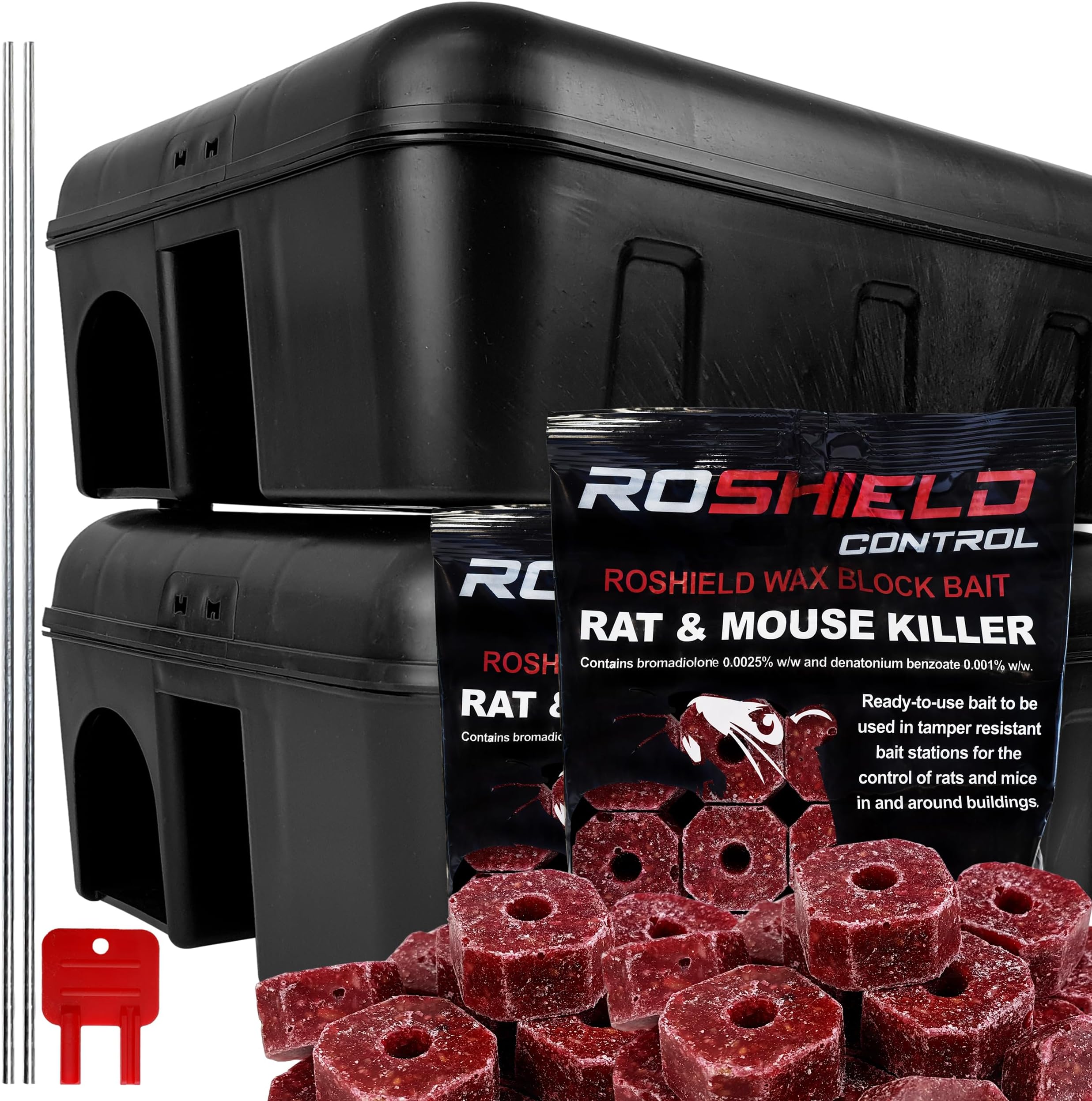 ROSHIELD 2 X Extra Large External Tamper Proof Rodent Bait Box & Wax Block Rat Poison Kit - Garden & Home Treatment Killer Safety Kit (2 Boxes & 300g Blocks)