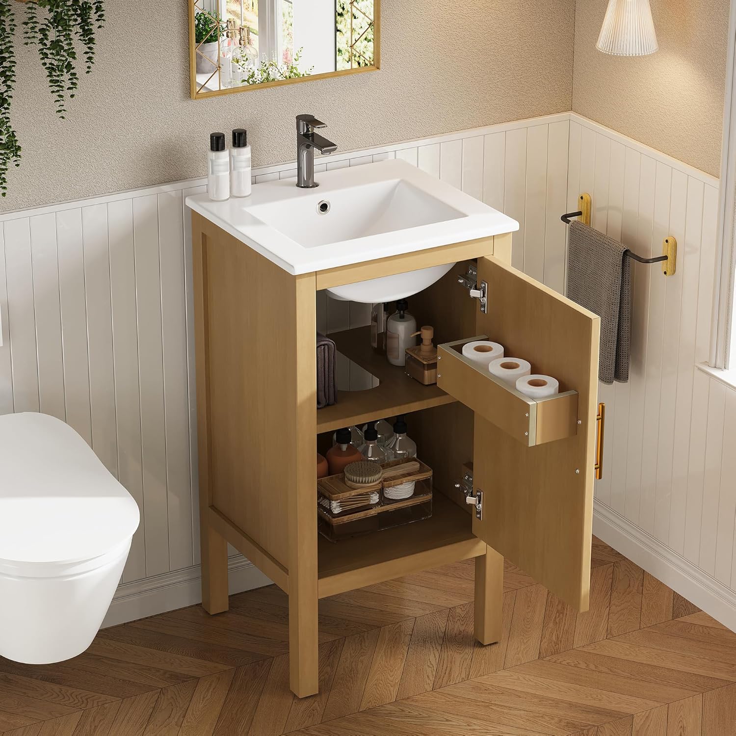 18 Inch Bathroom Vanity with Sink, Adjustable Shelf & Soft-Closing Hinges, Modern Bathroom Storage Cabinet with Cabinet Door Organizer for Small Space, Natural Wood