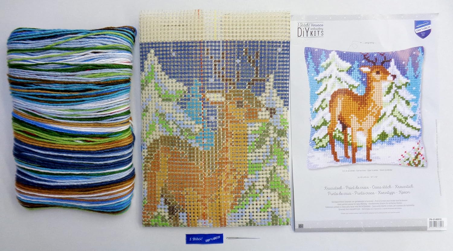 Vervaco Cross Stitch Embroidery Kits Cushion Embroidery Set Beginners Pre-Printed Deer in Winter DIY Set Creative Set for Adults Decorative Cushion Approx. 40 x 40 cm Craft Set Craftsman Home