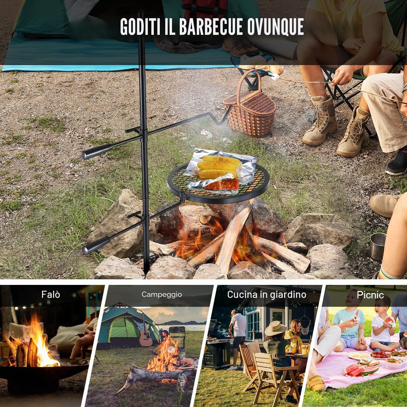 VEVOR Griglia Verticale Girevole per Fuoco all'Aperto da Campeggio Temperatura Max. 300 ℃, Griglia per Cottura su Fuoco Verticale da Campeggio Attività Esterno Altezza Regolabile Capienza Max. 6 kg