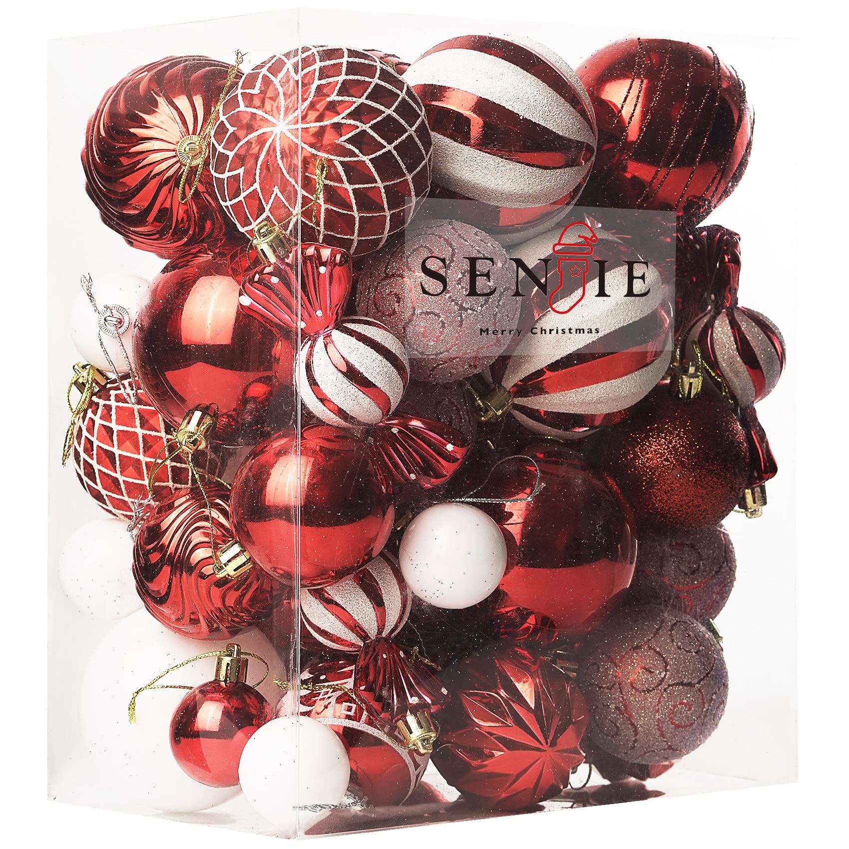 Christmas Ball Ornaments Set Assorted Shatterproof Ornaments 63 PCS Shaped Styles Xmas Tree Holiday Decorative,Red