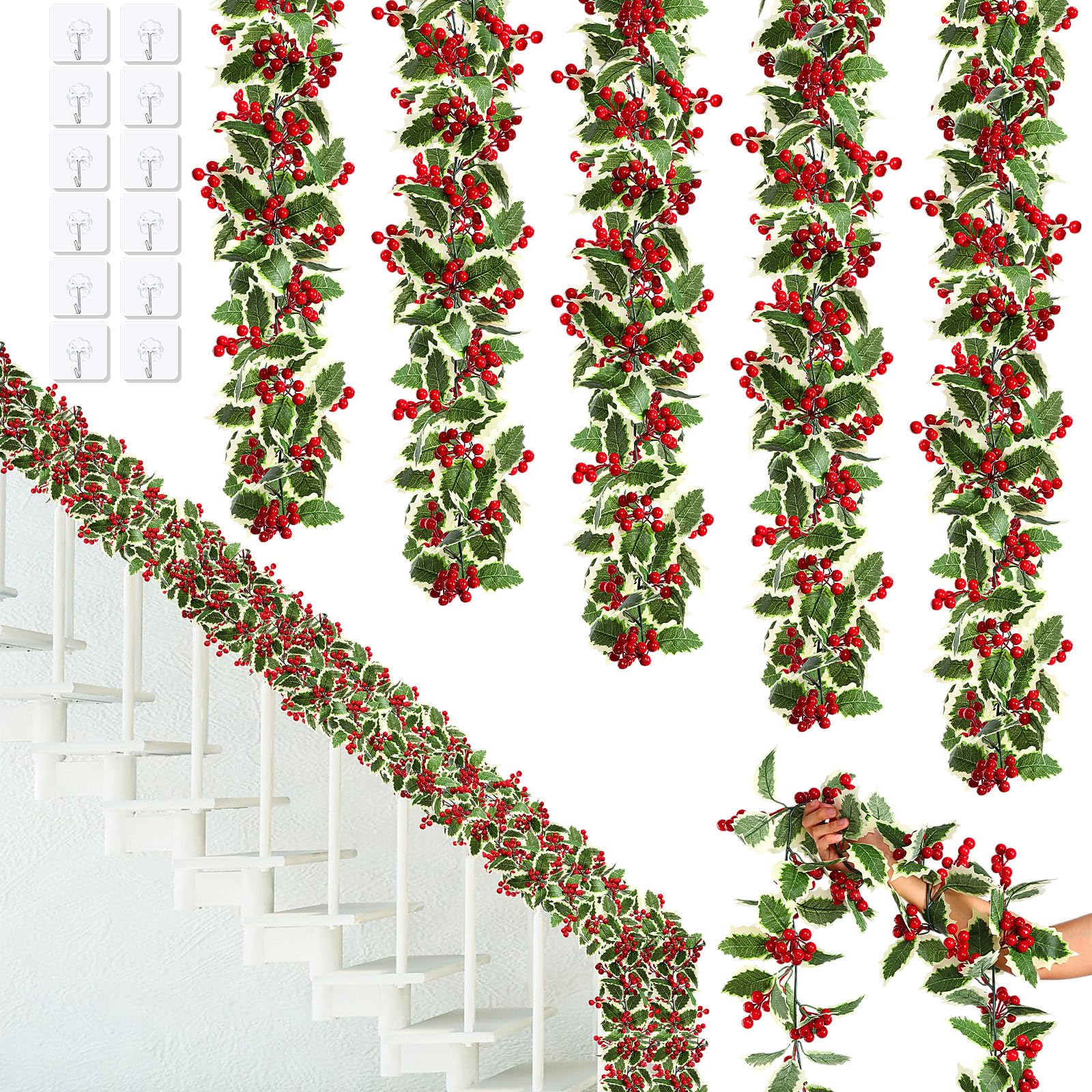 Lyrow 6 Pieces 6 ft Red Berry Christmas Garland Decoration Artificial Berry Garland Flexible Christmas Faux Garland for Outdoor Indoor Tree Fireplace Mantle Door Table Home Winter Holiday Farmhouse