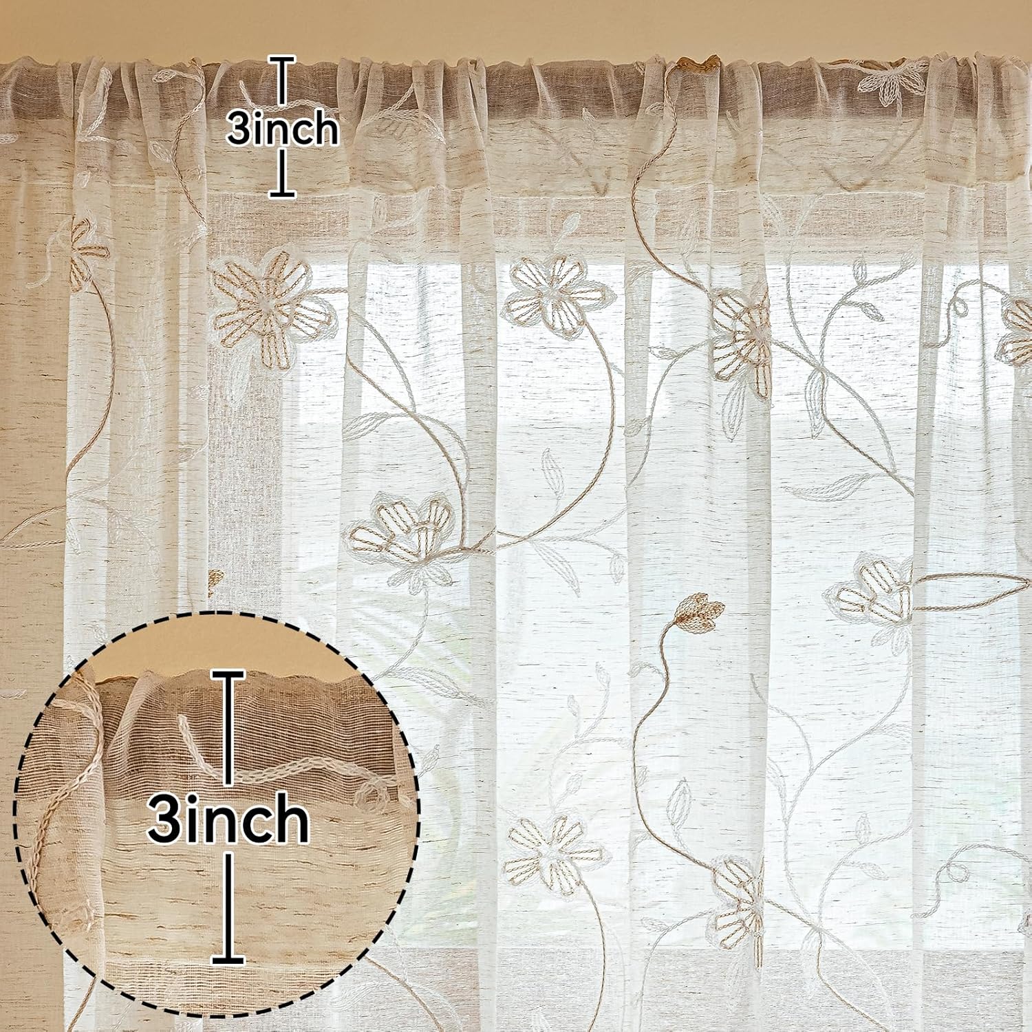 AmHoo 2 Panels Linen Floral Leaf Embroidered Semi Sheer Curtain Farmhouse Voile Curtains for Living Room Bedroom Window Treatment Taupe 52 x 84 Inch
