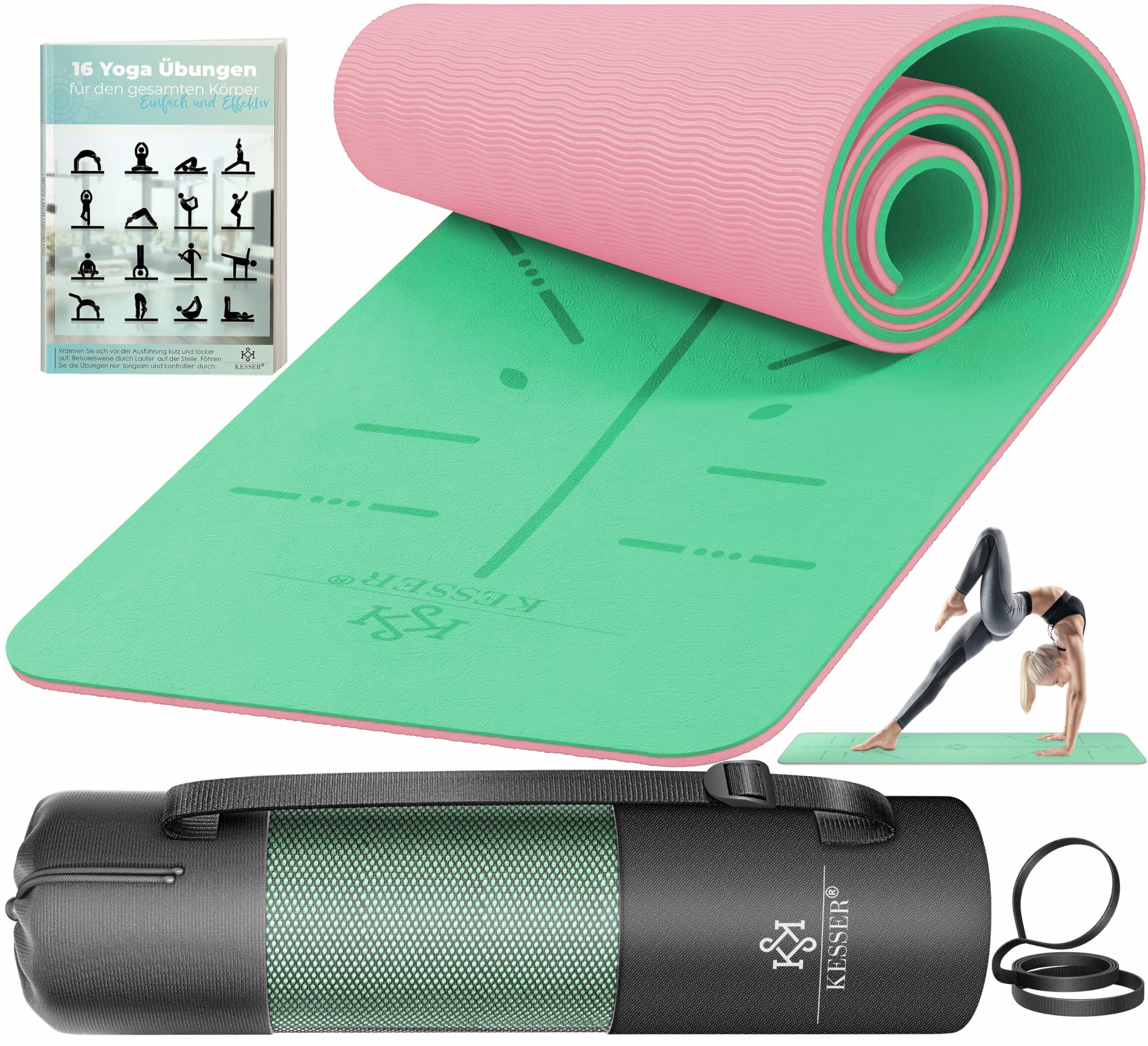KESSER® Gymnastikmatte mit Tragegurt rutschfest TPE Yogamatte Gepolstert & rutschfest Fitnessmatte, 183 x 61 Trainingsmatte für Fitness Sportmatte, Pilates & Gymnastik Workout