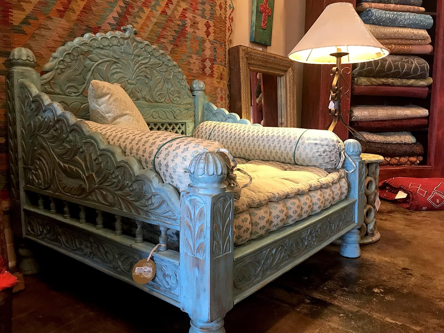 Carved Jhula Arch Love Seat. Hand Crafted from Solid Mahogany Wood. Designed & Imported by Worldcraft (Blue Percentage Finish, Love Seat: 34Dx33Wx42H)