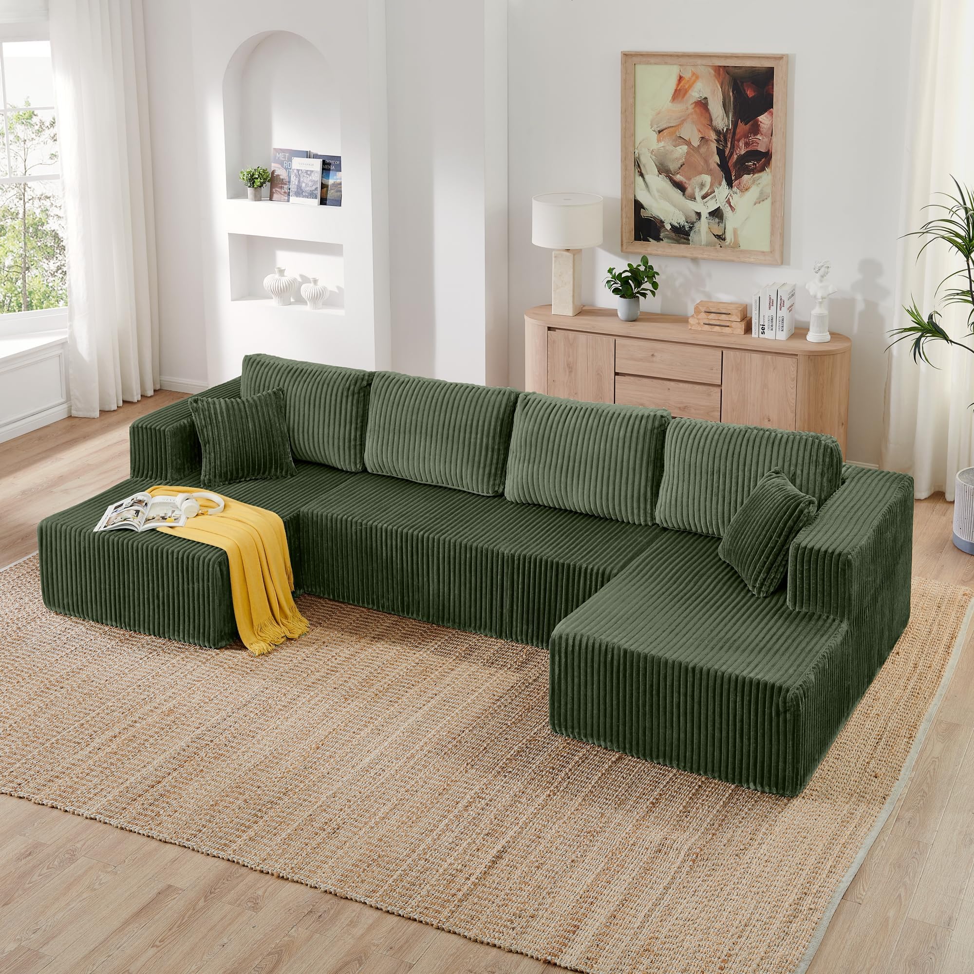 Modular Sectional Sofa Cloud Secttional Couch, 132" Comfy U Shaped Boneless Couches for Living Room, Deep Seat Memory Foam Fluffy Plush Corduroy Couch Sectionals with Chaise, Green