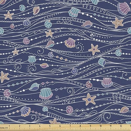 Vista 380 de Ambesonne Tela beige de The Yard, ilustración contemporánea de animales marinos en estilo retro, arte de caballito de mar de cangrejo de pulpo, tela