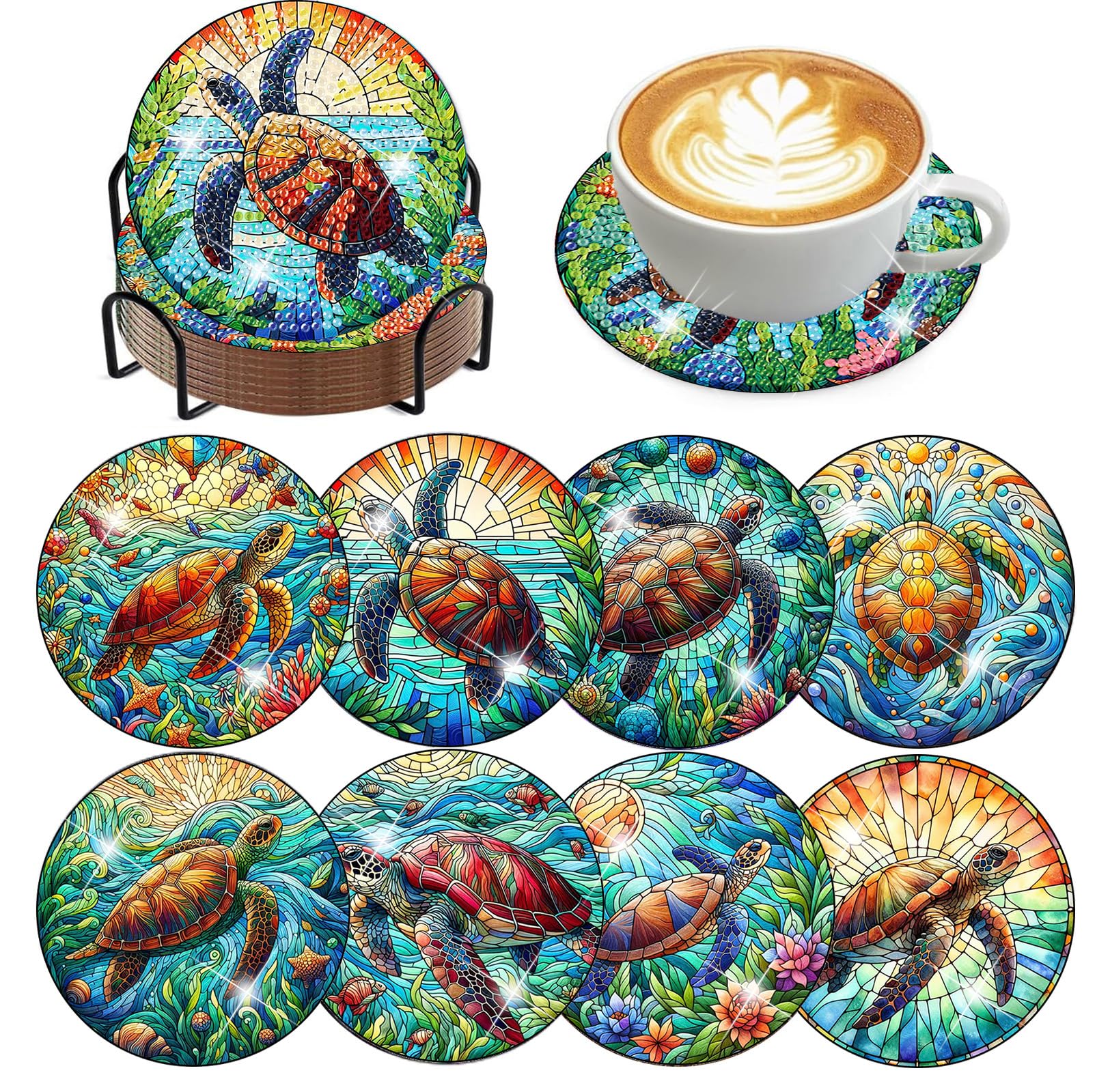 croshom 8 Pieces Diamond Art Painting Coasters Kit, Sea Turtle Diamond Art Coaster, DIY Diamonds Craft Kits for Adults and Beginners (Turtle Style)