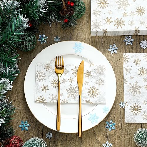 Miniatura 5 de Hotop Paquete de 300 servilletas desechables de Navidad con copos de nieve, toallas de mano desechables de papel para invitados, servilletas de