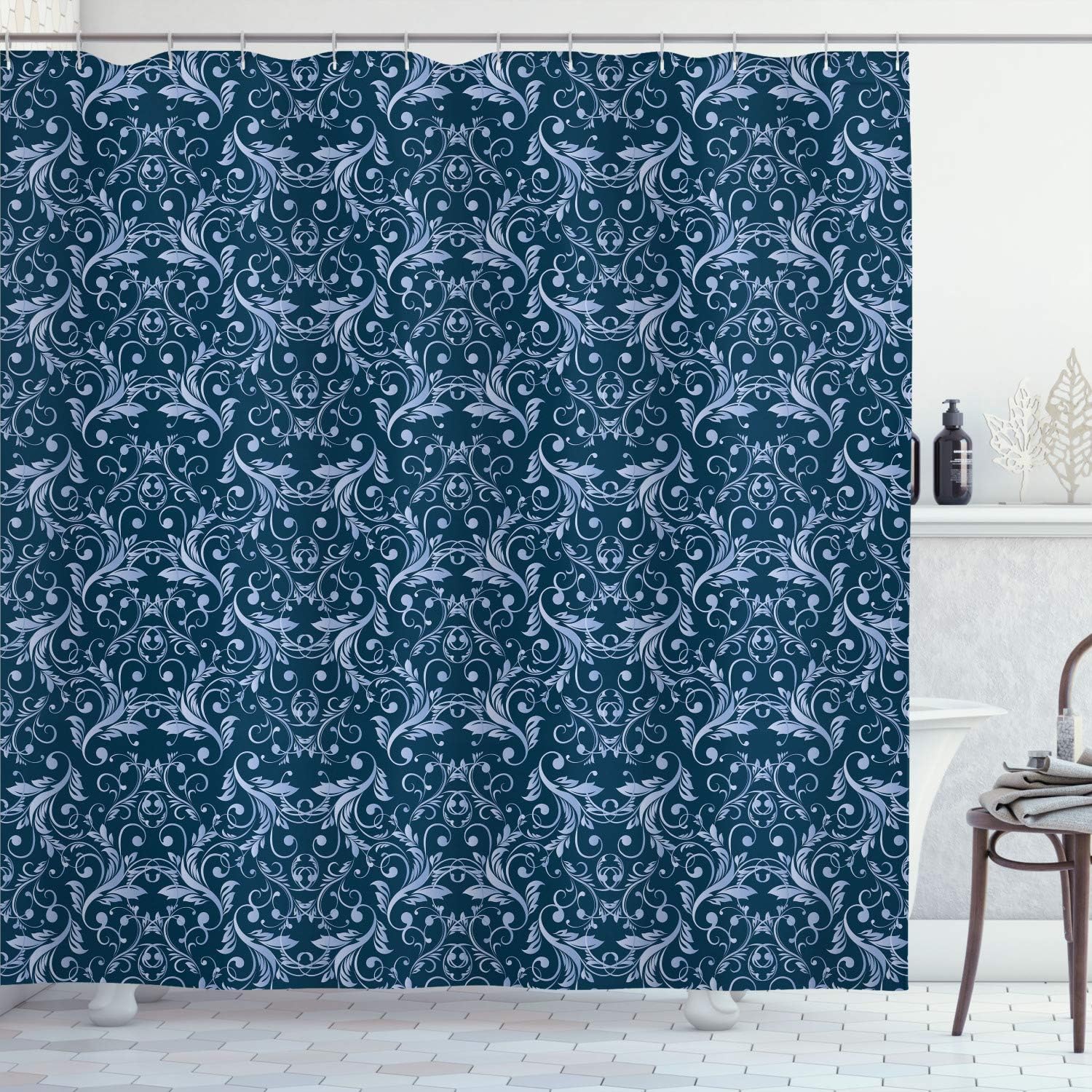 Ambesonne Victorian Shower Curtain, Vintage Floral Forms Ivy Swirls Flowers Design Image Print Artwork, Cloth Fabric Bathroom Decor Set with Hooks, 75" Long, Pale Azure