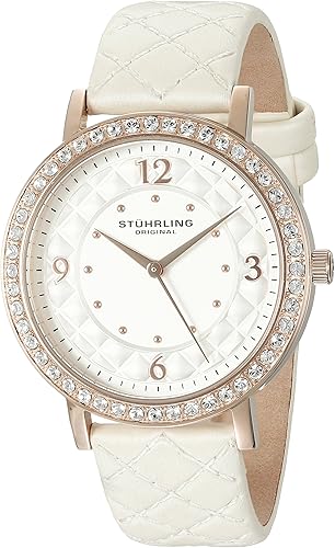 Stuhrling Original Reloj de cuarzo con correa de cuero blanco 786.03 para mujer, BlancoPlata