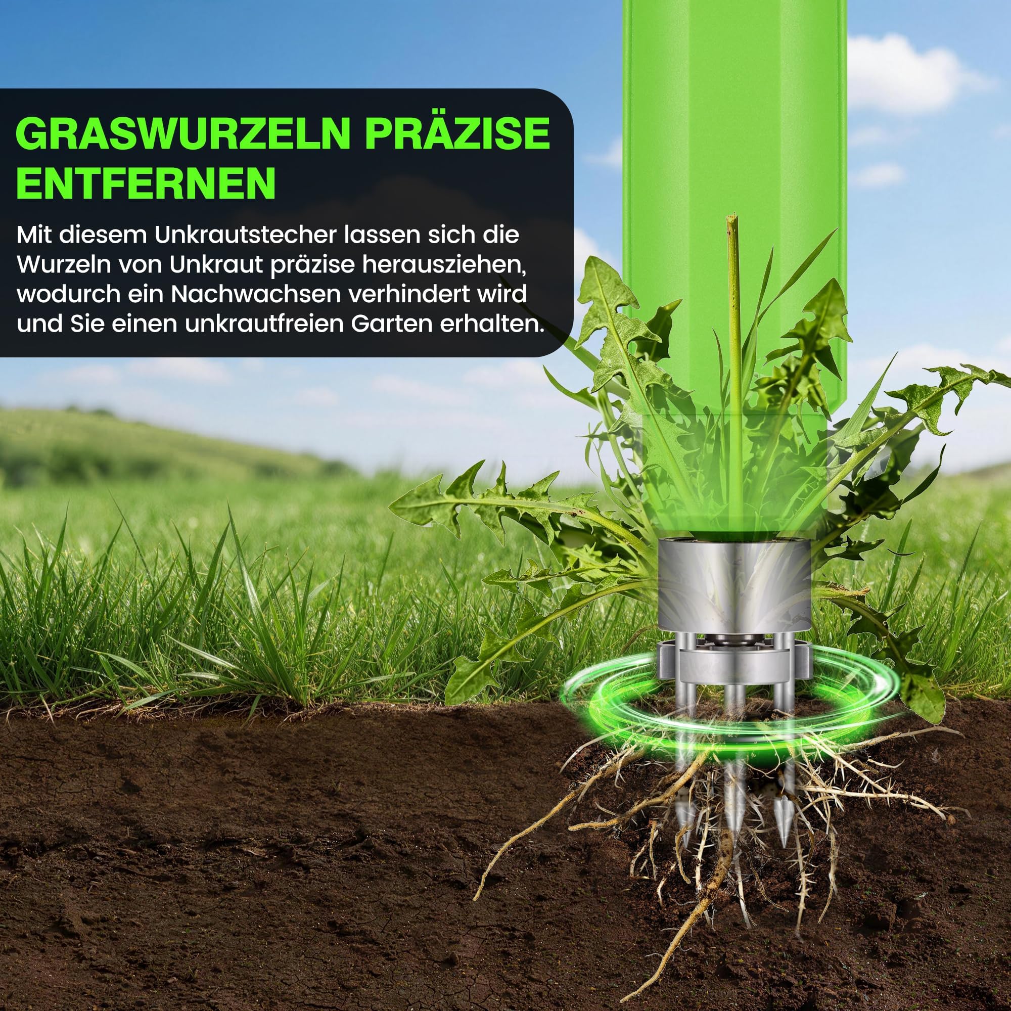 Elektrischer Unkrautstecher, 21V Akku Stand-Up Unkrautentferner Löwenzahnstecher, verstellbarer Griff, Stahlkopf mit 3 Zinken, Unkrautzieher für den Garten, tolles Geschenk für Mama, Papa, Oma und Opa