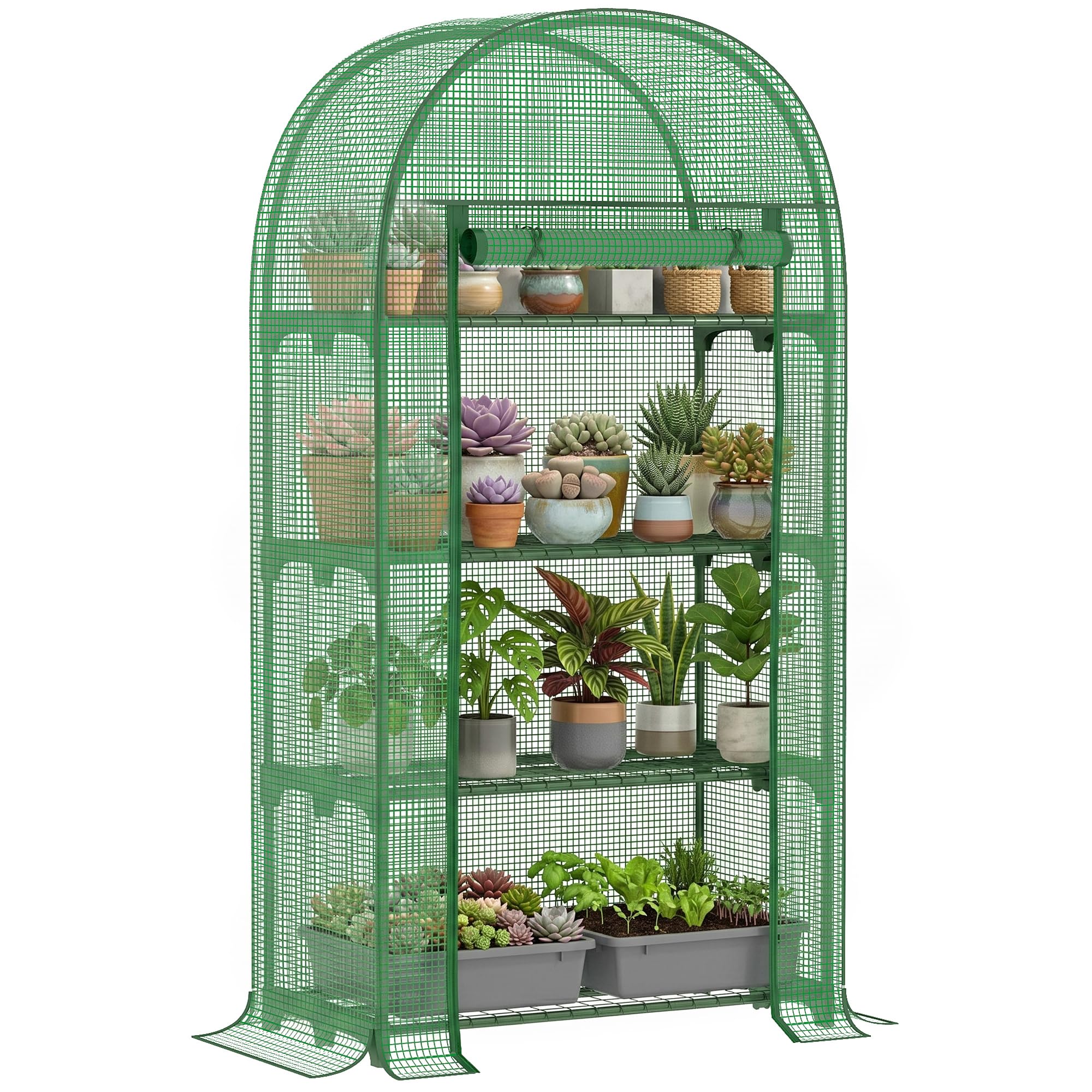 Outsunny Serra da Balcone a 4 Ripiani Serra per Orto 80x50x160 cm Verde | Con Porta Avvolgibile, Struttura in Acciaio e Copertura PE, per Piante Orto Verdure Fiori Frutta, Anti UV