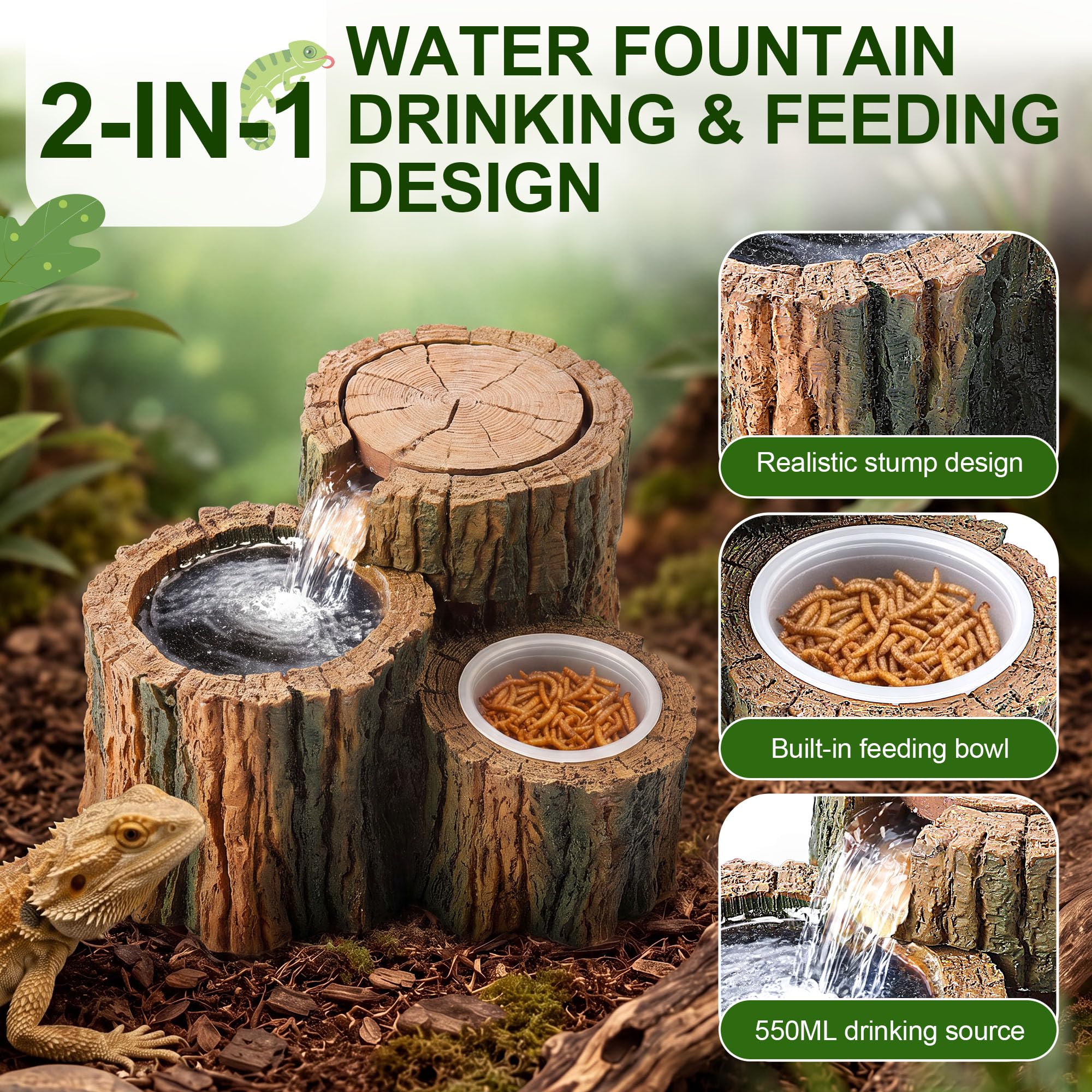 Fuente de agua 2 en 1 para reptiles con plato de comida, 550 ml