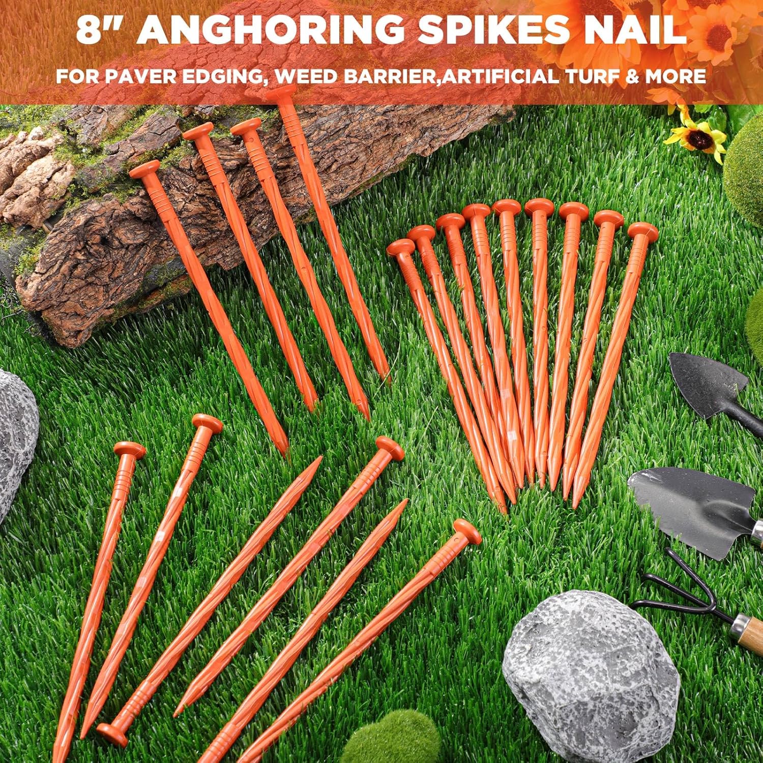 Jetec 250 Pcs 8 Inch Orange Plastic Landscape Edging Spikes Spiral Anchoring Garden Nails for Paver, Weed Barriers, Turf, House Construction Ground Lawn
