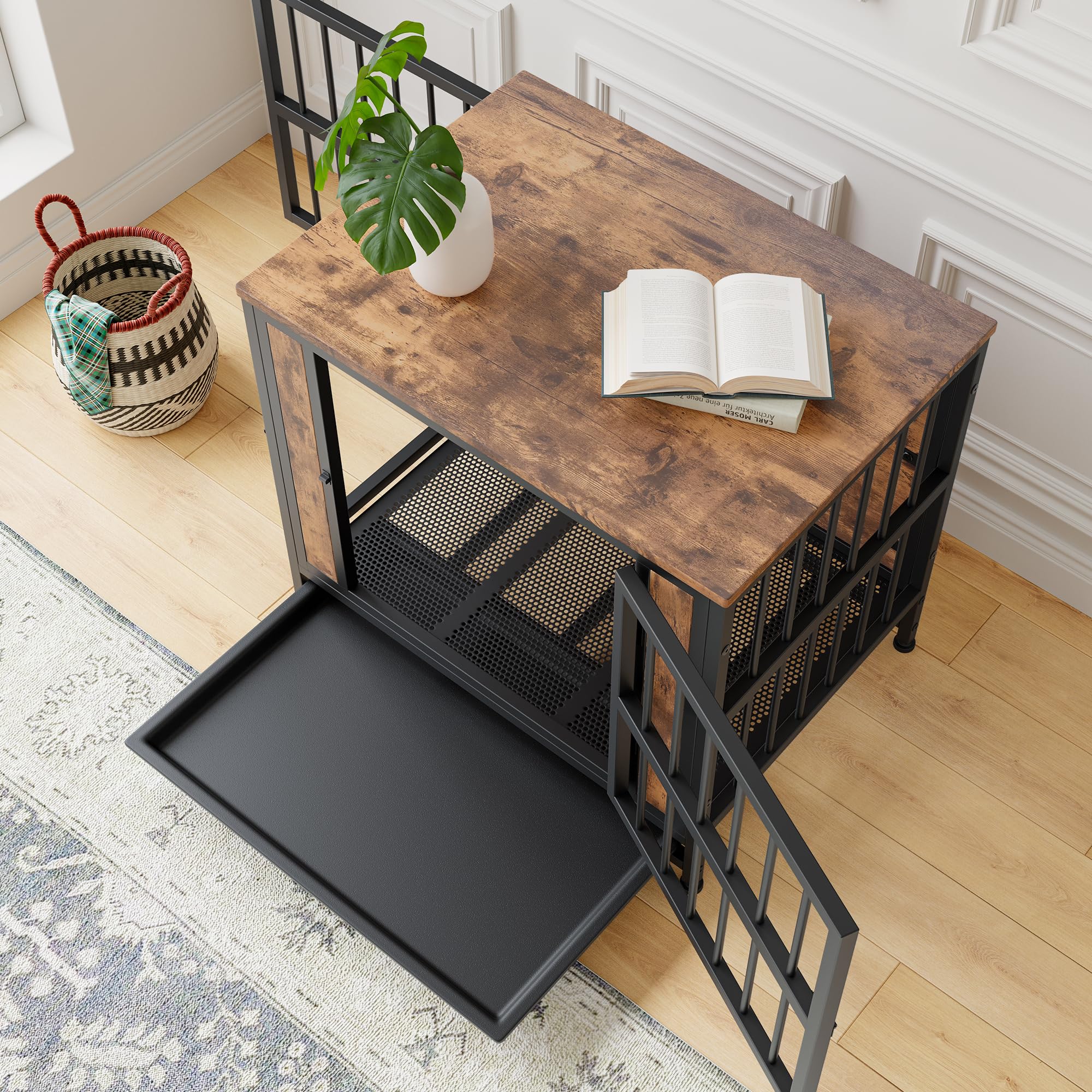 Muebles de jaula para perros, jaula resistente para perros grandes/medianos, caseta de madera para interiores, casa para perros con bandeja extraíble, mesa auxiliar de jaula para mascotas de