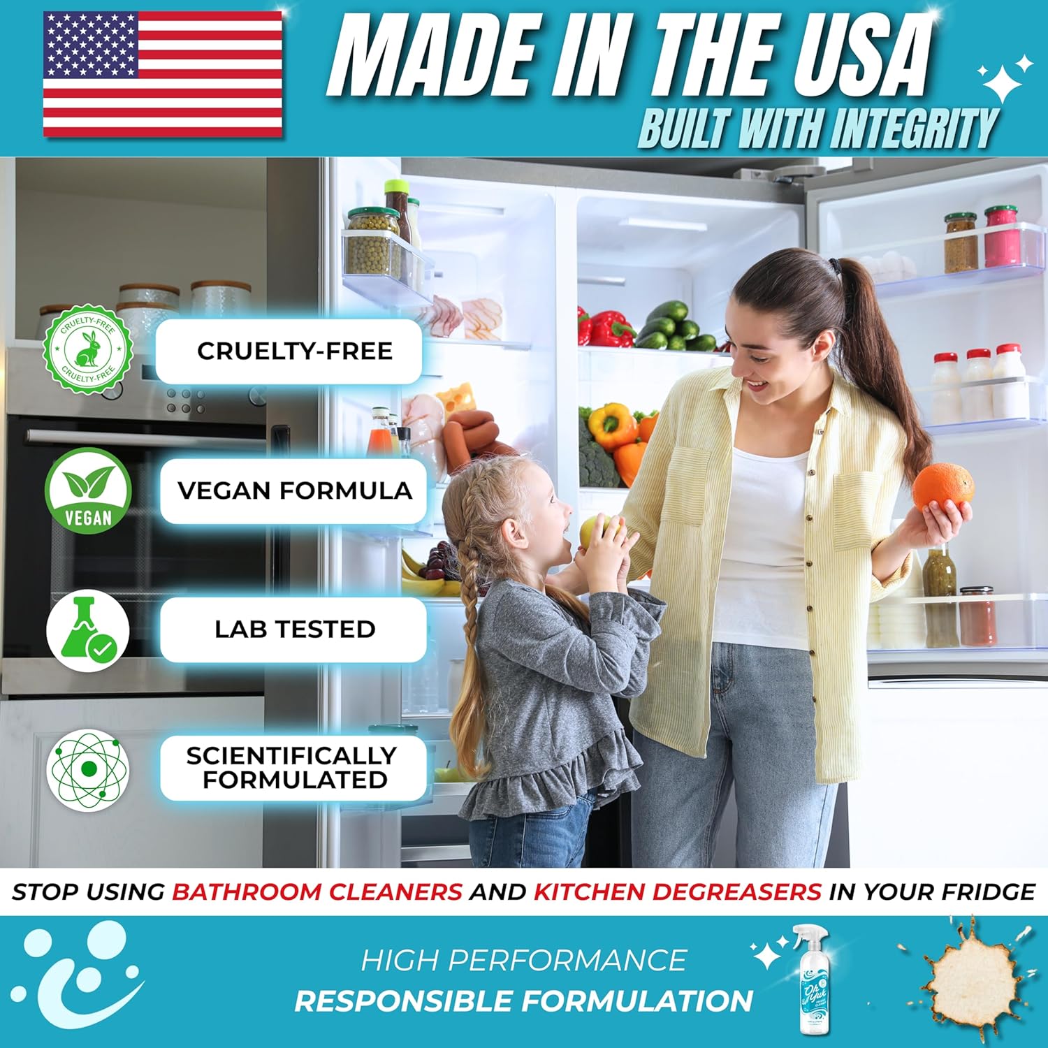 Oh Yuk Fridge Cleaner – Cleans Inside Refrigerator for Spotless, Food-Contact Safe Surfaces | Biodegradable, Vegan, Cruelty-Free | Effortlessly Lifts Sticky Messes & Dried-On Food | Spray Bottle
