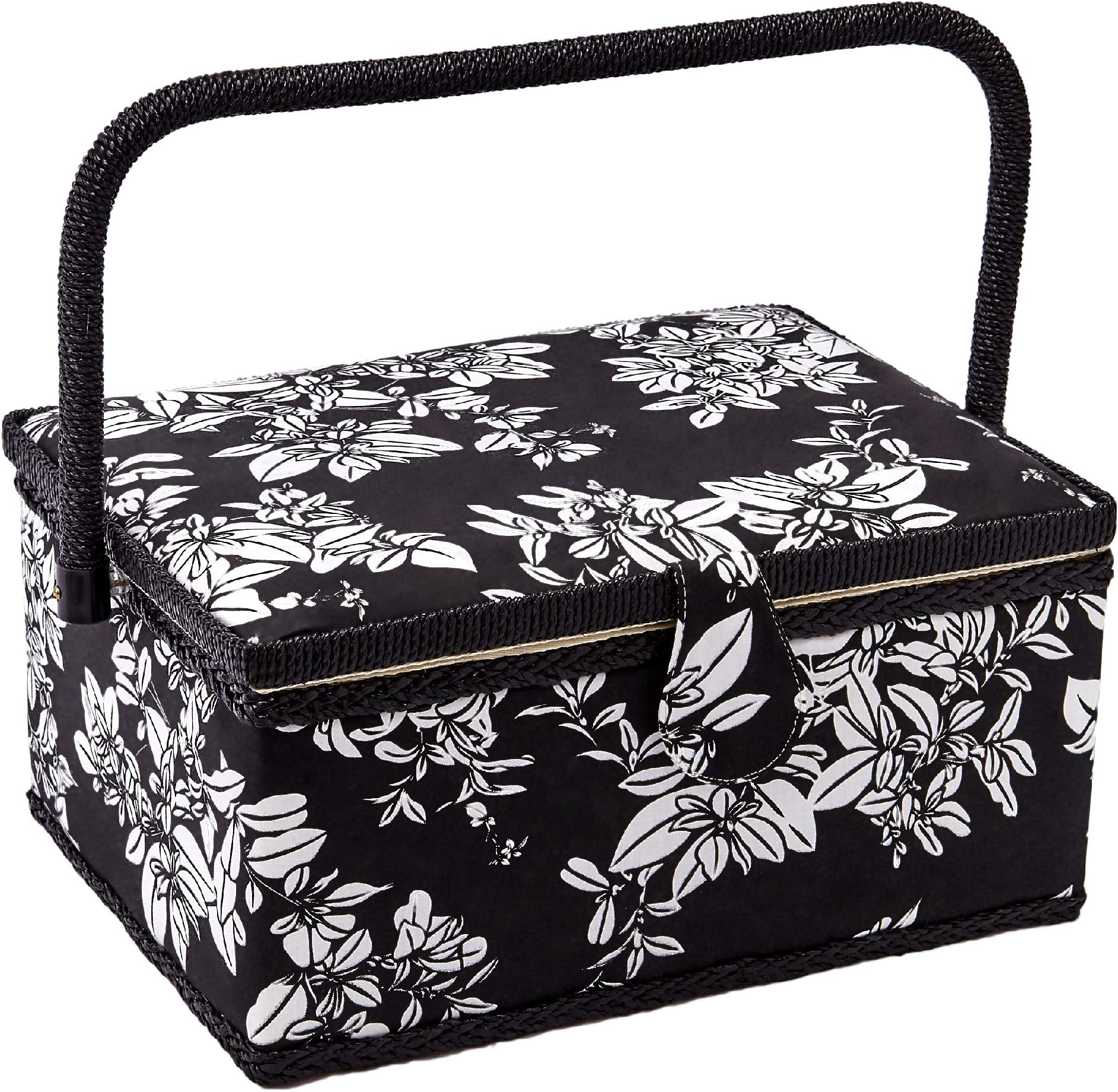 Sewing Basket with Floral Print Design - Sewing Kit Storage Box with Removable Tray, Built-in Pin Cushion and Interior Pocket - by Adolfo Design (Large - 12" x 9" x 6", Hibiscus)