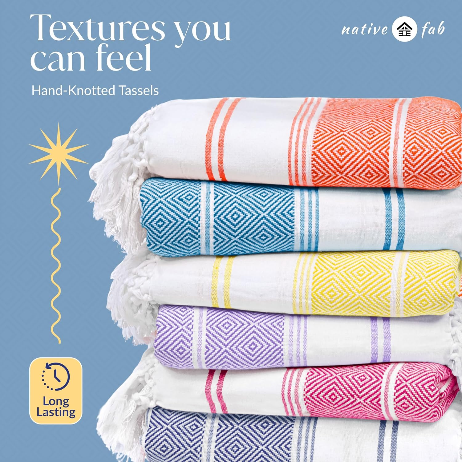 Native Fab Diamond Weave Beach Towels 6 Pack - 100% Cotton, Lightweight, Sand Free, Thin, Quick Dry, Soft, Oversized Pool Towel for Adults,Women, Men, Travel, Swim, Vacation, Gym, Camping, Multicolor