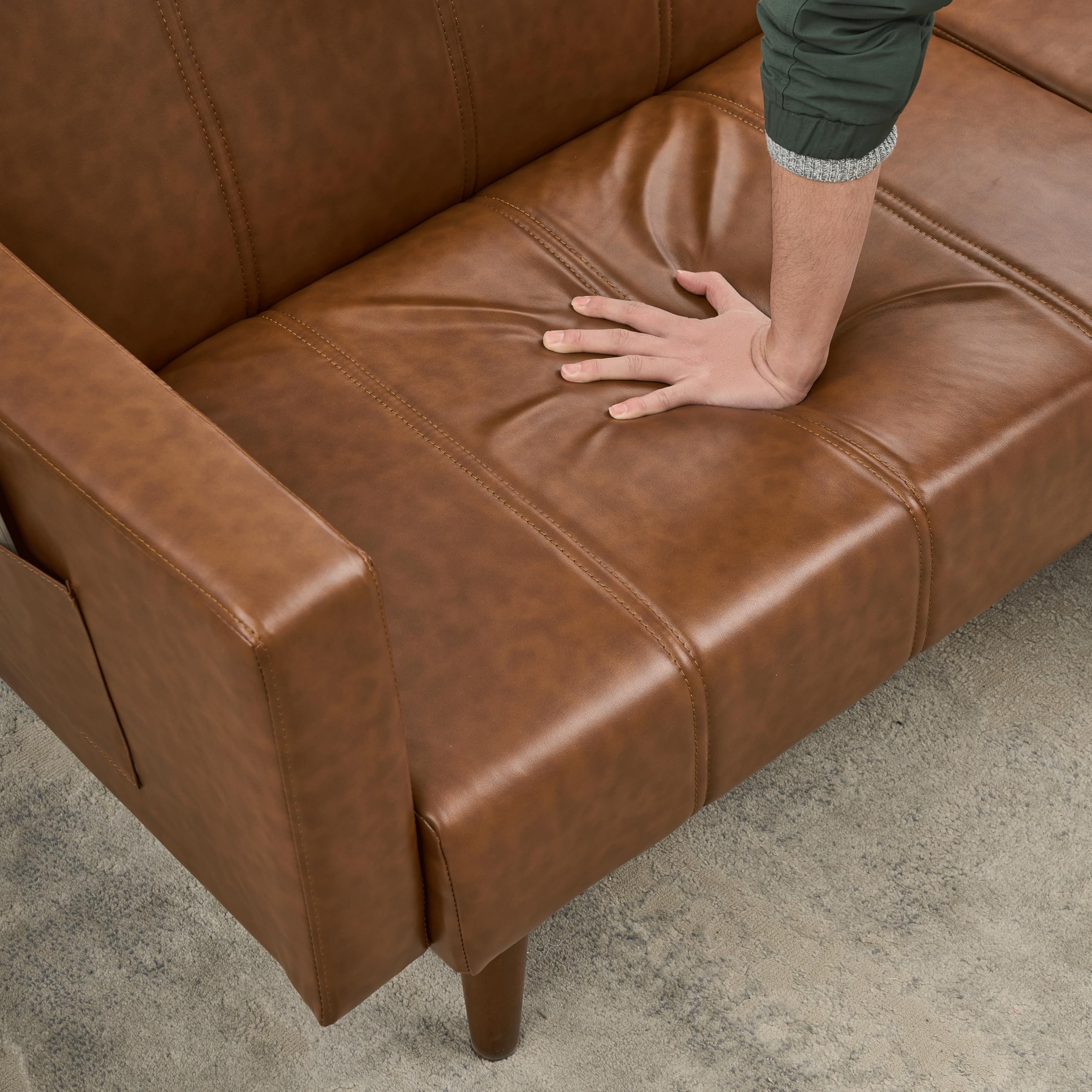 Garvee Modern Futon Sofa Bed, Convertible 75" Sleeper with Adjustable Backrest & Side Pockets, Mid-Century Brown PU Leather | Backrest & Side Pockets, Mid-Century Brown PU Leather