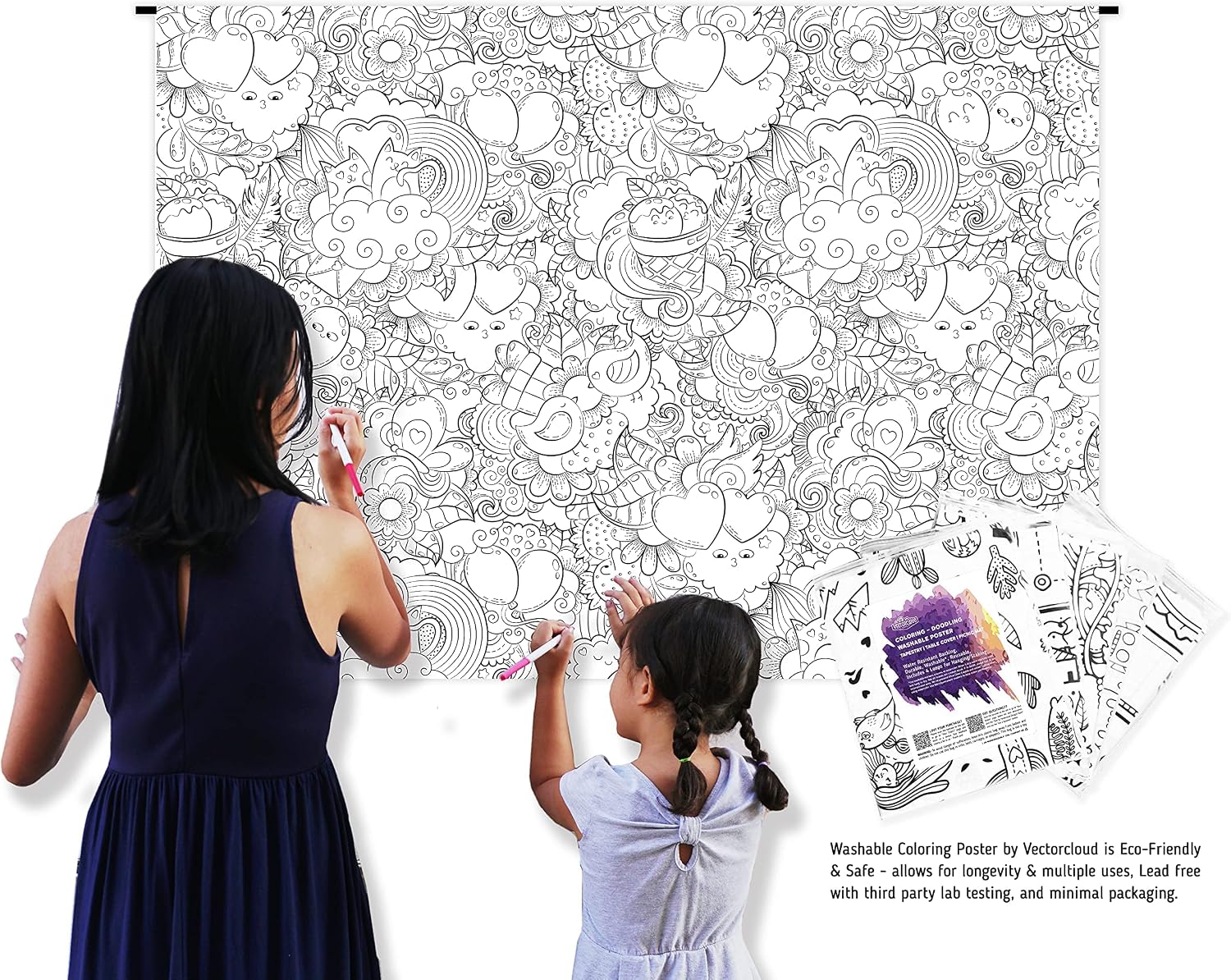 Vectorcloud Washable Coloring Poster (Giant XXL 54" x 40") Reusable, Tear & Wrinkle Resistant, Table Cover, Coloring Mat. Kawai, Birds, Butterfly, Cats, Hearts, Flowers, Birthday, Party.