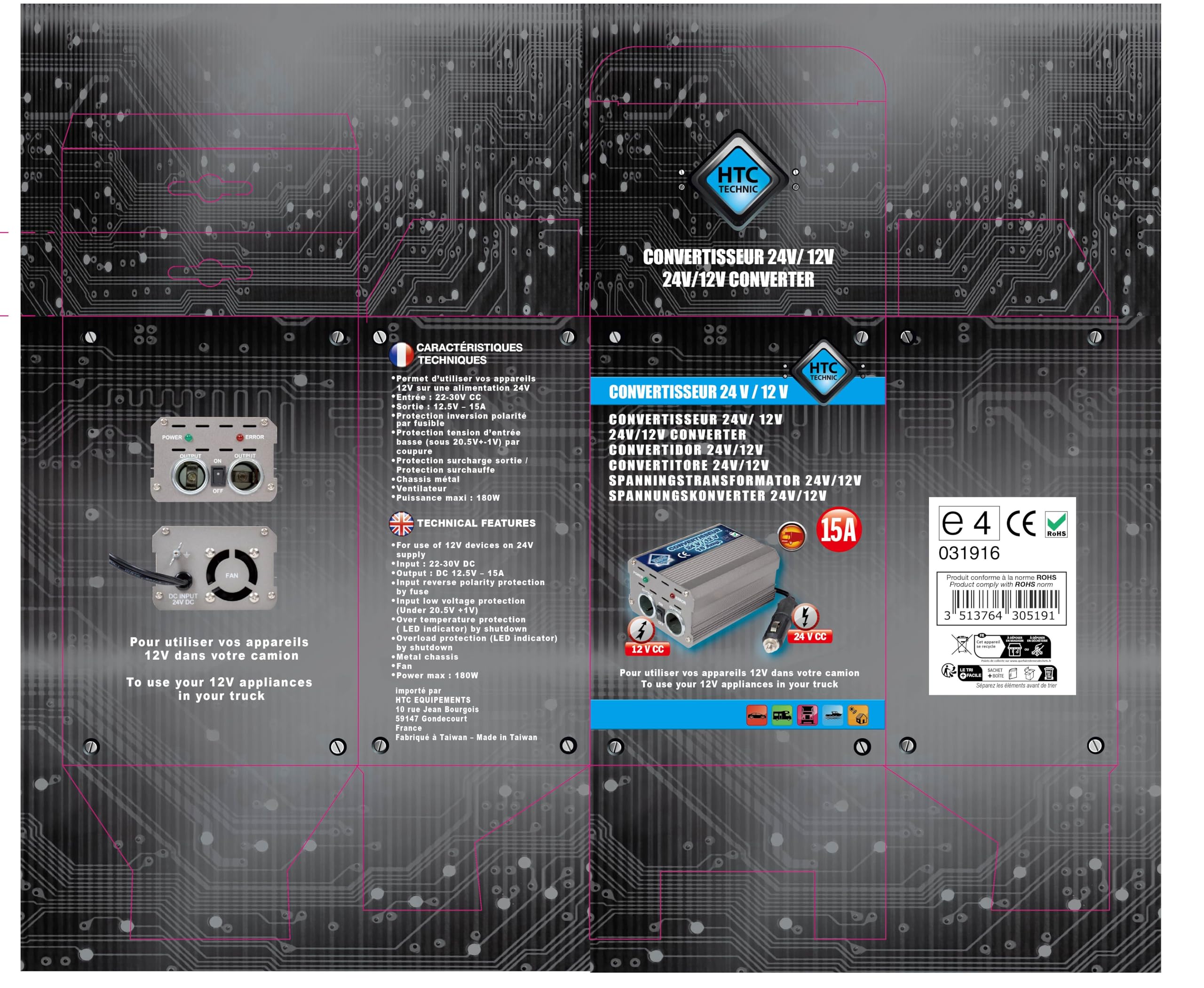 HTC - CONVERTISSEUR DE Tension DE 24V A 12V, 15A + 2 Prises Allume-Cigare