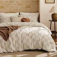 Bedsure Queen Beige Comforter Set - Boho Tufted Checkered Farmhouse Bedding, 3 Piece Soft Fluffy Jacquard, Machine Washable