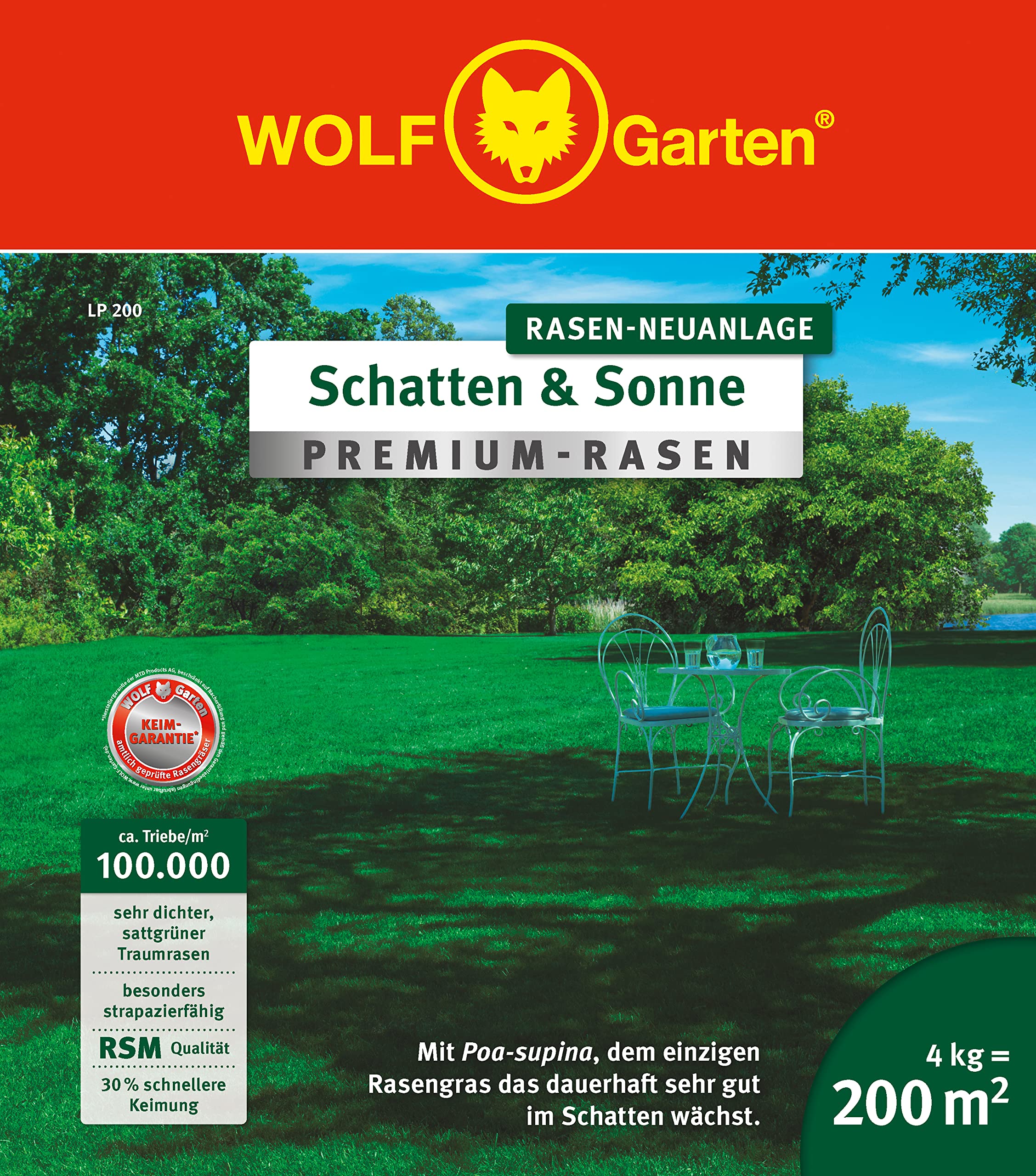 WOLF-Garten "Ombra & Sole" Prato Premium LP 200 (per 200 m², densità molto elevata con circa 100.000 germogli/m², particolarmente resistente, elevata tollerabilità all'ombra, scatola pieghevole da 4