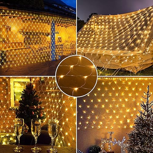 Miniatura 3 de kemooie 198 luces LED de red de Navidad, 9.8 pies x 6.6 pies, luces de malla enchufables, 8 modos de parpadeo, impermeables, para jardín, arbusto,