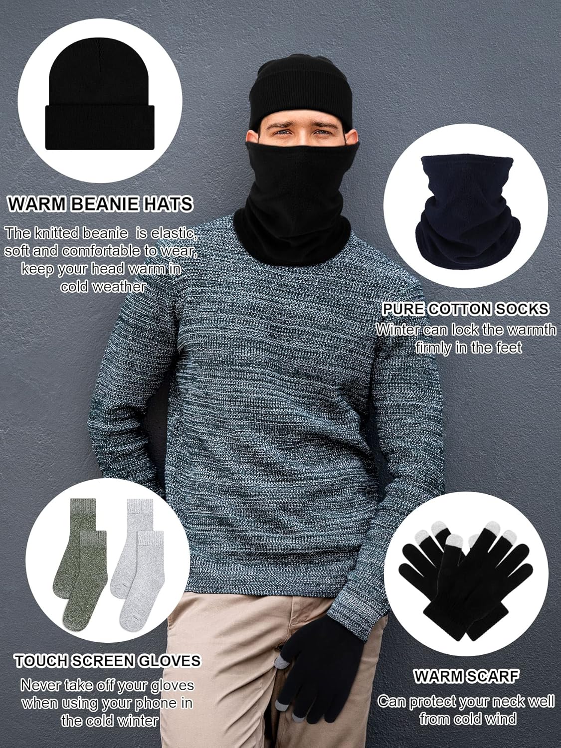 48 Pack Winter Warm Beanie Hat Neck Warmer Set for Men Women - Knitted Hat With Touchscreen Gloves, Neck Gaiter, Warm Sock - Homeless Care Charity Donation Multicolor - Image 3