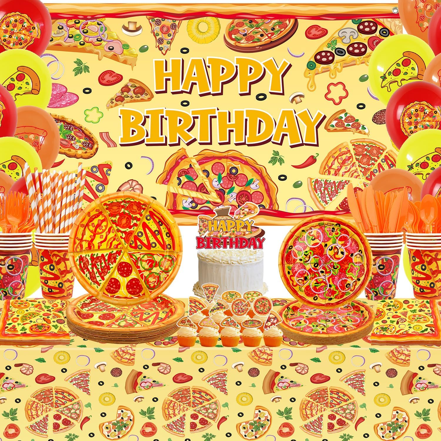 Pizza Birthday Decorations, Pizza Party Decoration, Plates Cups Napkins Tablecloth Happy Birthday Backdrop Balloon Cake Toppers for Kids Baby Shower Picnics Supplies, Serves 20