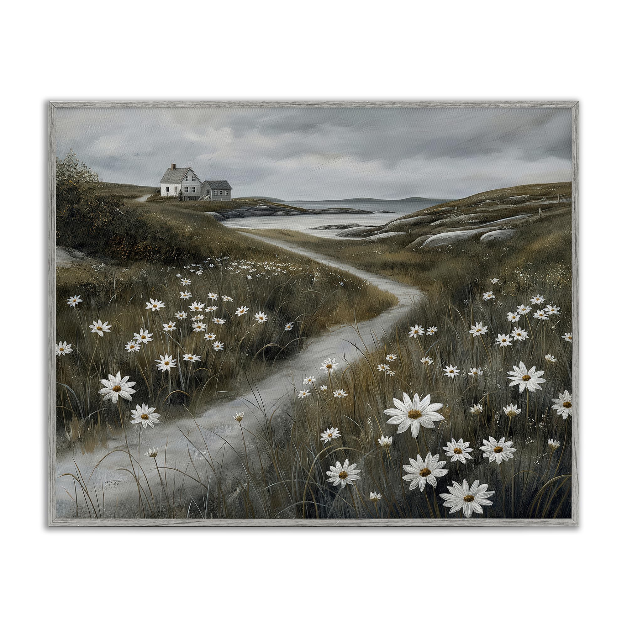 Stupell Industries Coastal Daisy Pathway Wall Art for Living Room, Greyscale Floral Landscape, 11 x 14 Inch Framed Giclée Print, by Imagine It Images, Made in USA Gift