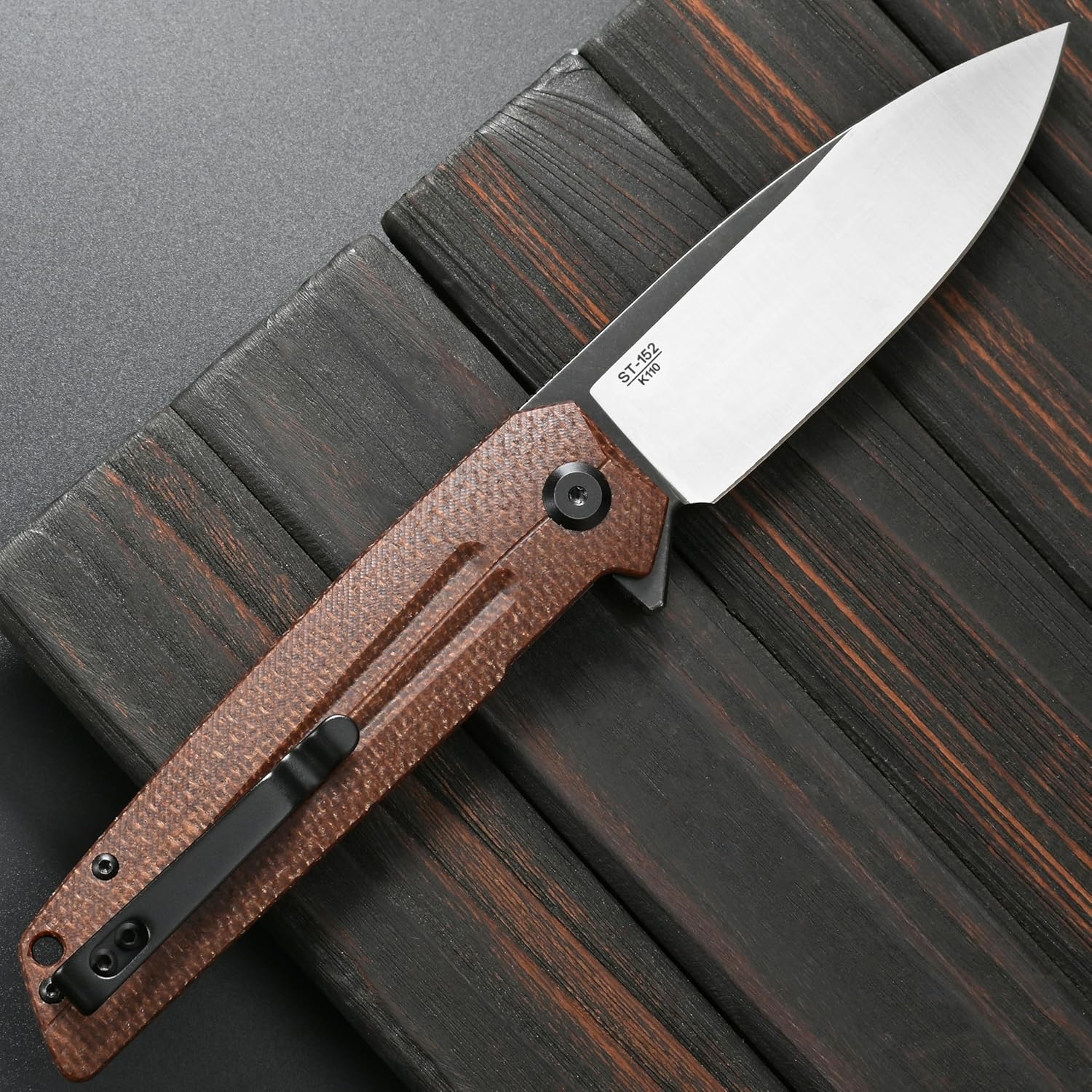 Sitivien ST152 Folding Knife,K110(D2) Steel Blade with Micarta Handle EDC Tool Knife for Outdoor Camping,Hiking,Fishing(Brown)