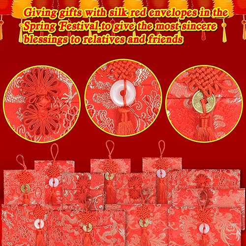Miniatura 2 de Sobre de seda rojo chino para Año Nuevo sobres de dinero de la suerte 12 unidades papel de regalo de bolsillo Hong Bao para boda cumpleaños festival