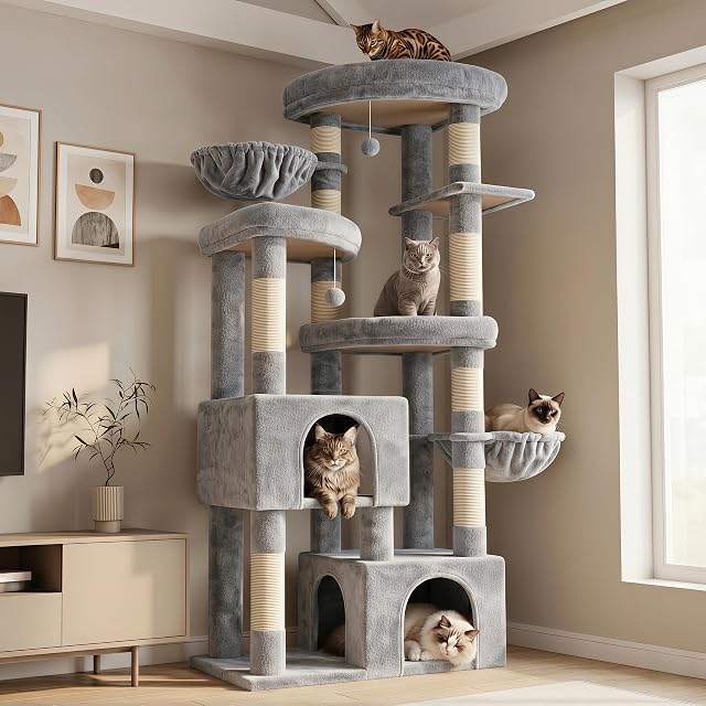 Hey-brother Arbre de chat, 67.3 Tour des inches avec 3 Lits de plate-forme, 2 Grands condos, 9 Postes de scratching sisal, 2 Hammocks et jouets, Maison à plusieurs niveaux pour plusieurs chatons intérieurs, Gris clair MPJ084W